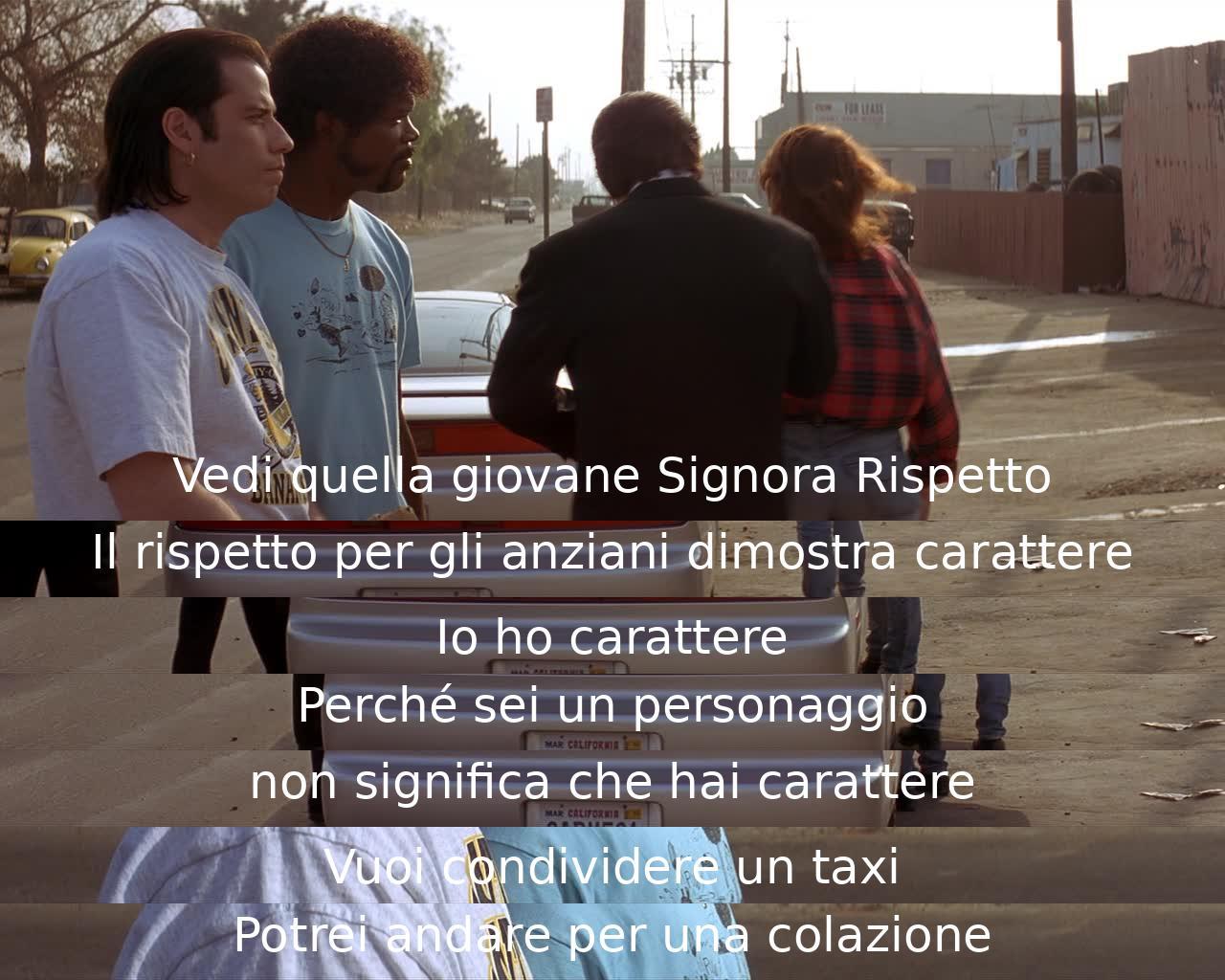 Due personaggi discutono di rispetto mentre si preparano per colazione. Uno afferma di avere carattere, ma l'altro mette in discussione tale affermazione. Infine, propongono di condividere un taxi.