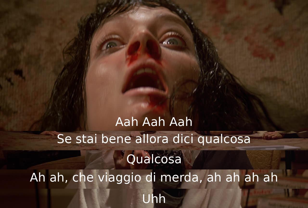 Un personaggio in difficoltà cerca di comunicare con un altro, ma fatica a parlare a causa di un'esperienza spiacevole. La scena trasmette un senso di frustrazione e straniamento.