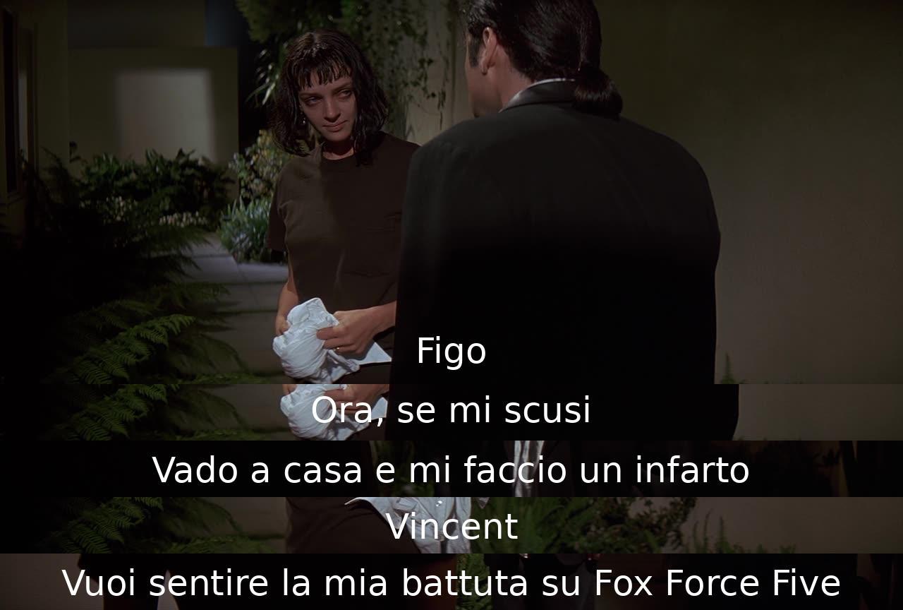 Un personaggio chiede un favore e se ne va, mentre l'altro propone di condividere una battuta su Fox Force Five. Hanno saluti cordiali mentre uno se ne va a casa.