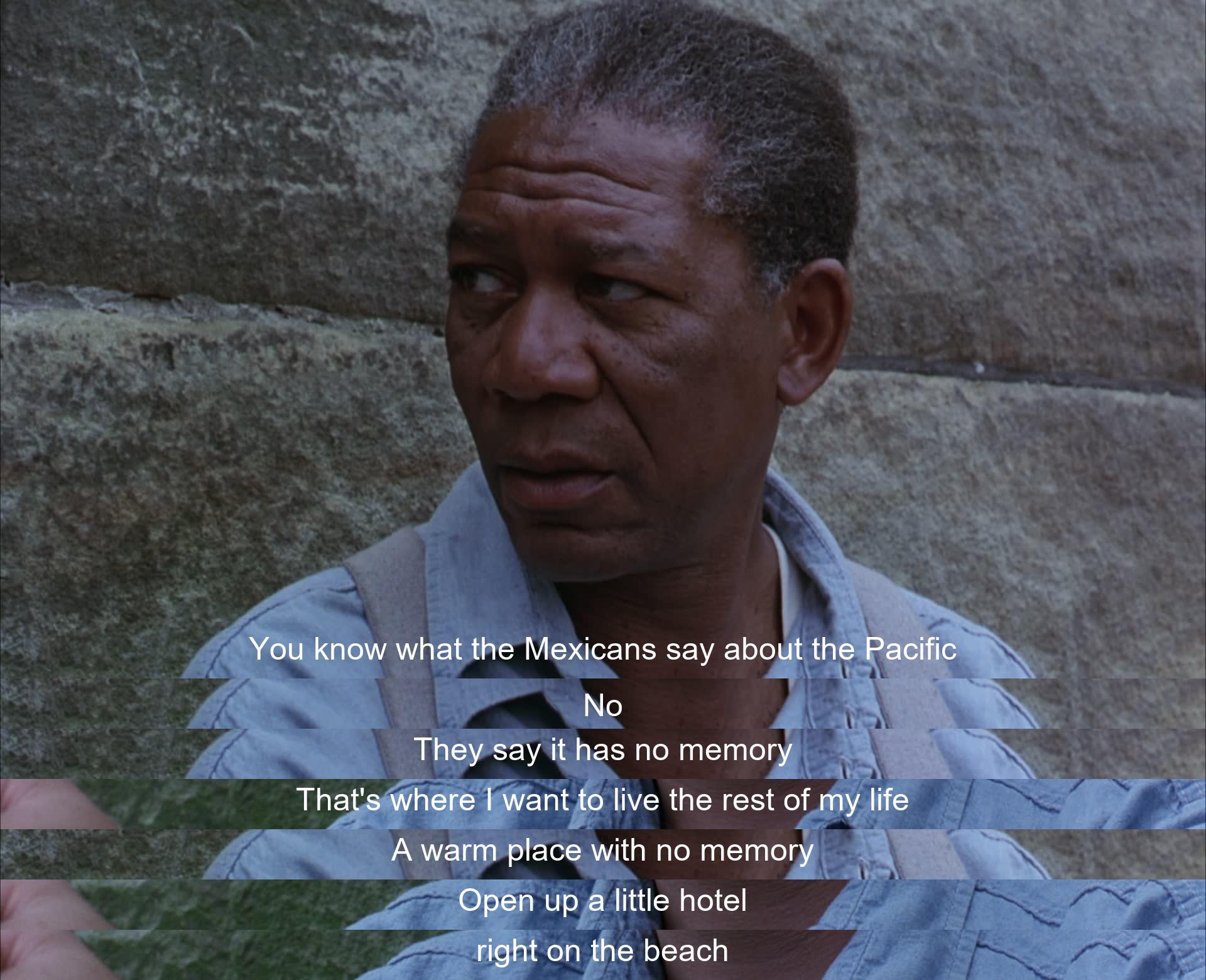 In a heartfelt moment, one character shares the desire to live by the Pacific, where they believe there is no memory. They express a longing for a simple life, dreaming of opening a hotel by the beach and finding peace in the warmth of the setting.