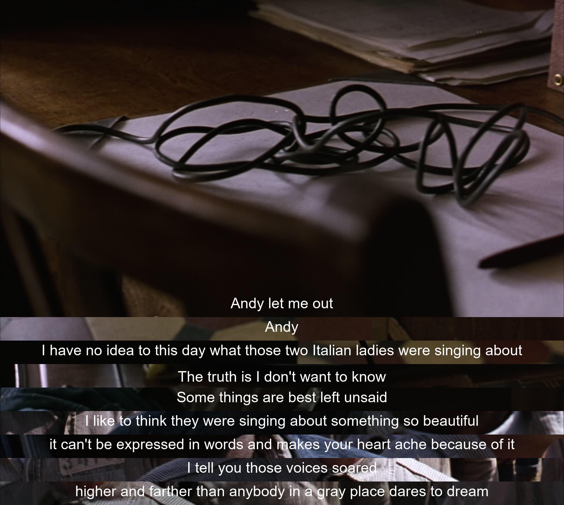 One character expresses admiration for a mysterious Italian song, believing its beauty transcends words, causing deep emotions. They're captivated by the singers who seem to reach higher heights, defying the dullness of their surroundings with their soul-stirring performance.