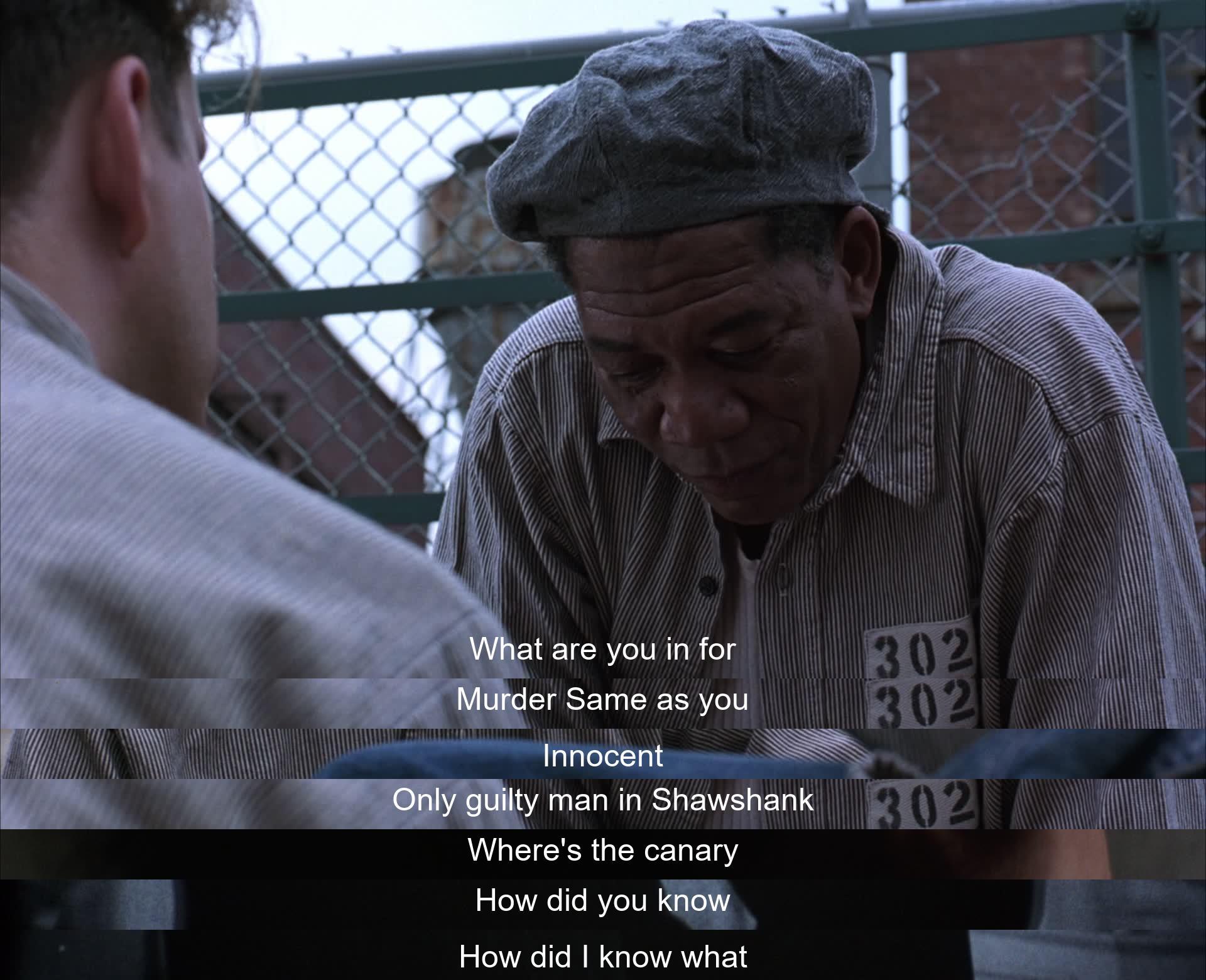 Two prisoners discuss their crimes. One claims innocence, while the other insists he's the only guilty one in Shawshank. The conversation turns mysterious as one questions how the other knew about a secret dig.