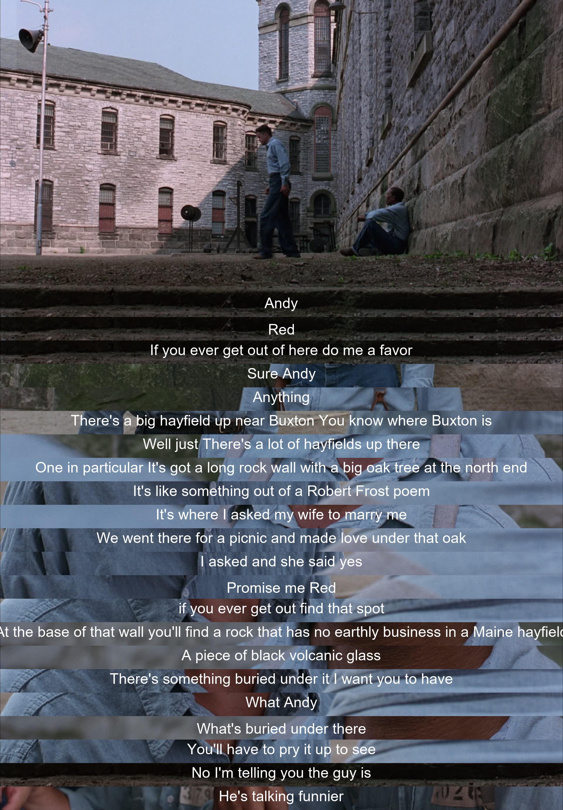 Andy shares a heartfelt request with Red, asking him to find a special spot near Buxton if he ever gets out of prison. He describes a significant memory with his wife and a buried treasure for Red to discover, emphasizing the importance of this place.