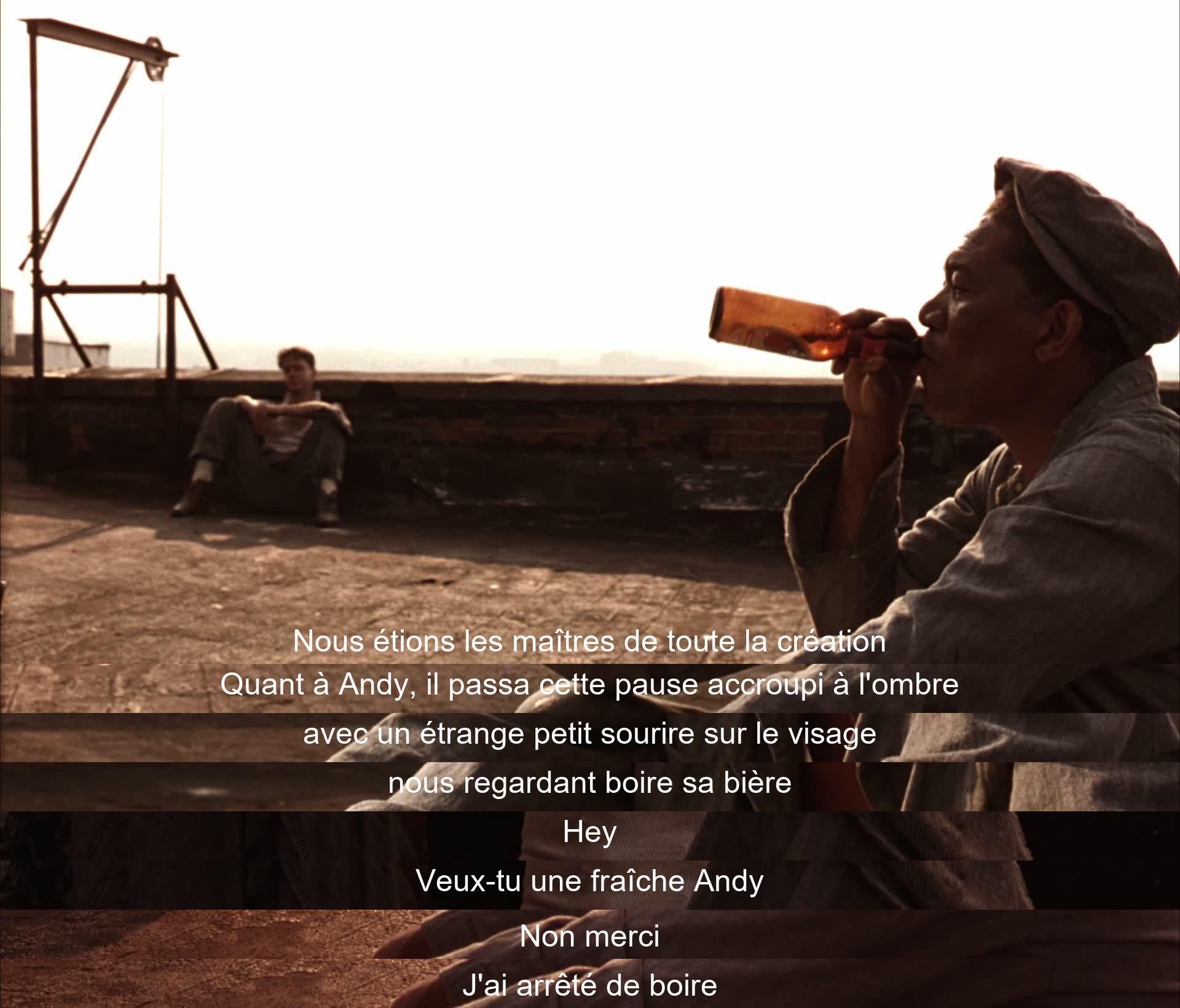 Un groupe d'amis partage un moment ensemble sous le soleil, se sentant libres et puissants. Andy, tout en restant à l'écart, observe avec un sourire énigmatique. L'un propose à Andy une bière froide.