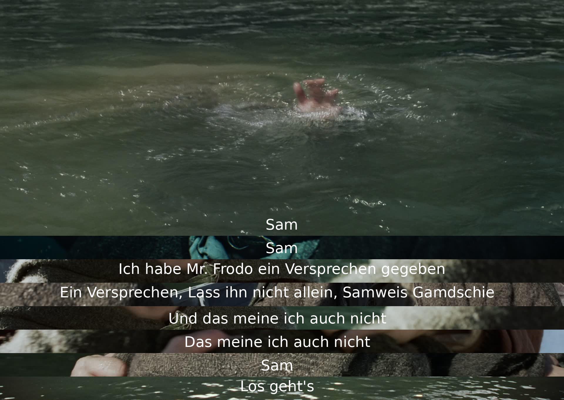 Sam verspricht Frodo, ihn nicht alleine zu lassen, selbst wenn es gefährlich wird. Er nennt Frodo bei seinem vollen Namen, um die Ernsthaftigkeit seines Versprechens zu unterstreichen. Sie machen sich mutig gemeinsam auf den Weg.