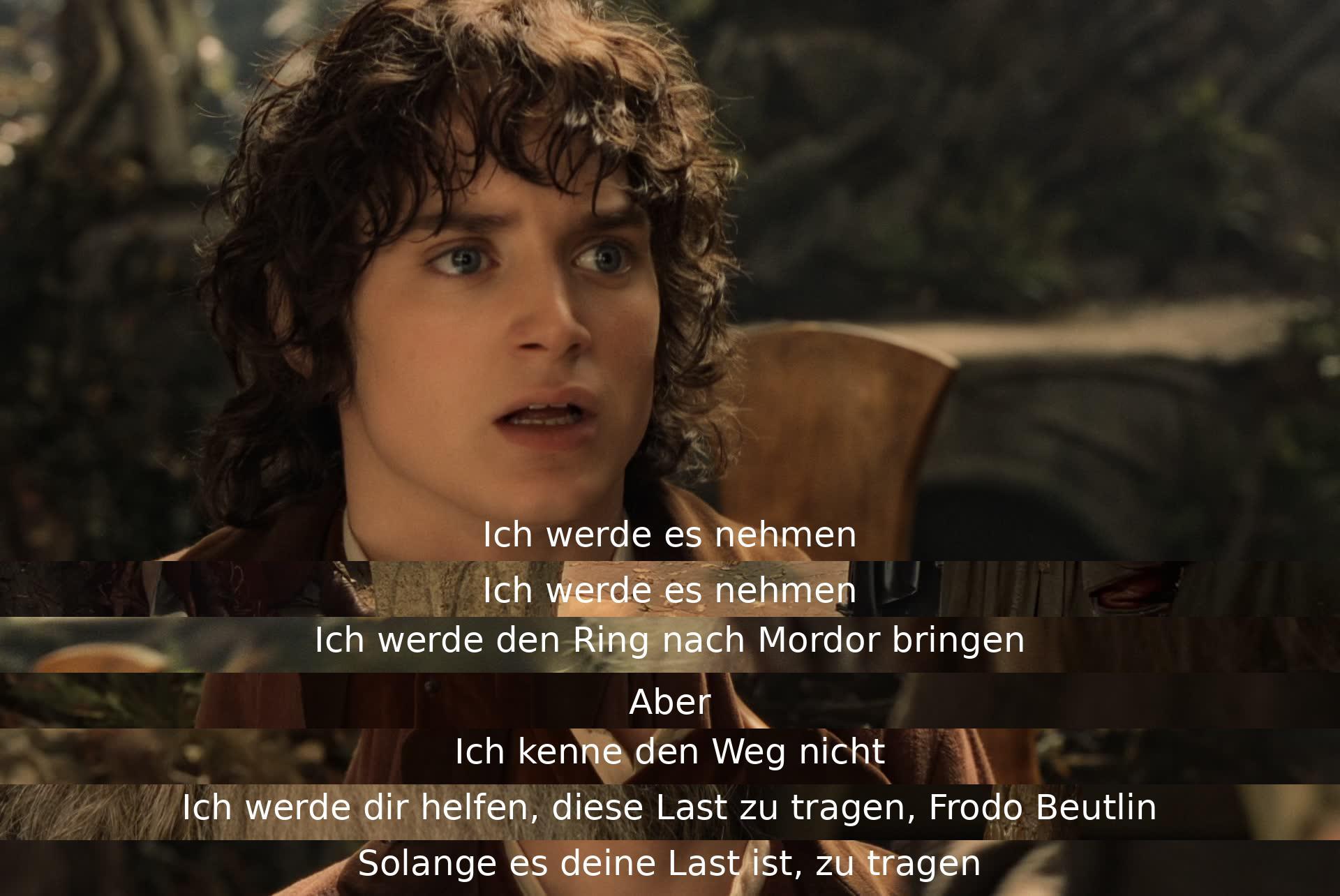 Jemand erklärt, dass er den Ring nach Mordor bringen wird, aber den Weg nicht kennt. Ein anderer will helfen, die Last zu tragen, solange es die des anderen ist.