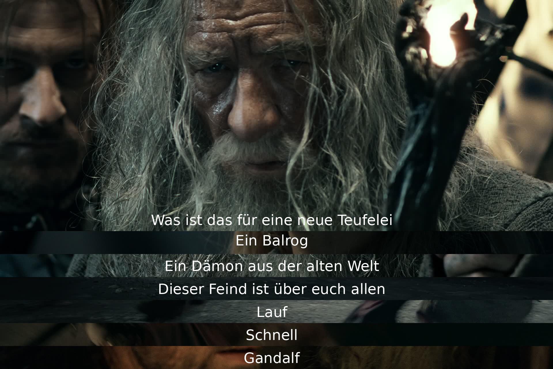 Eine Gruppe entdeckt einen gefährlichen Balrog-Dämon. Gandalf warnt vor der Bedrohung und drängt zur Flucht.