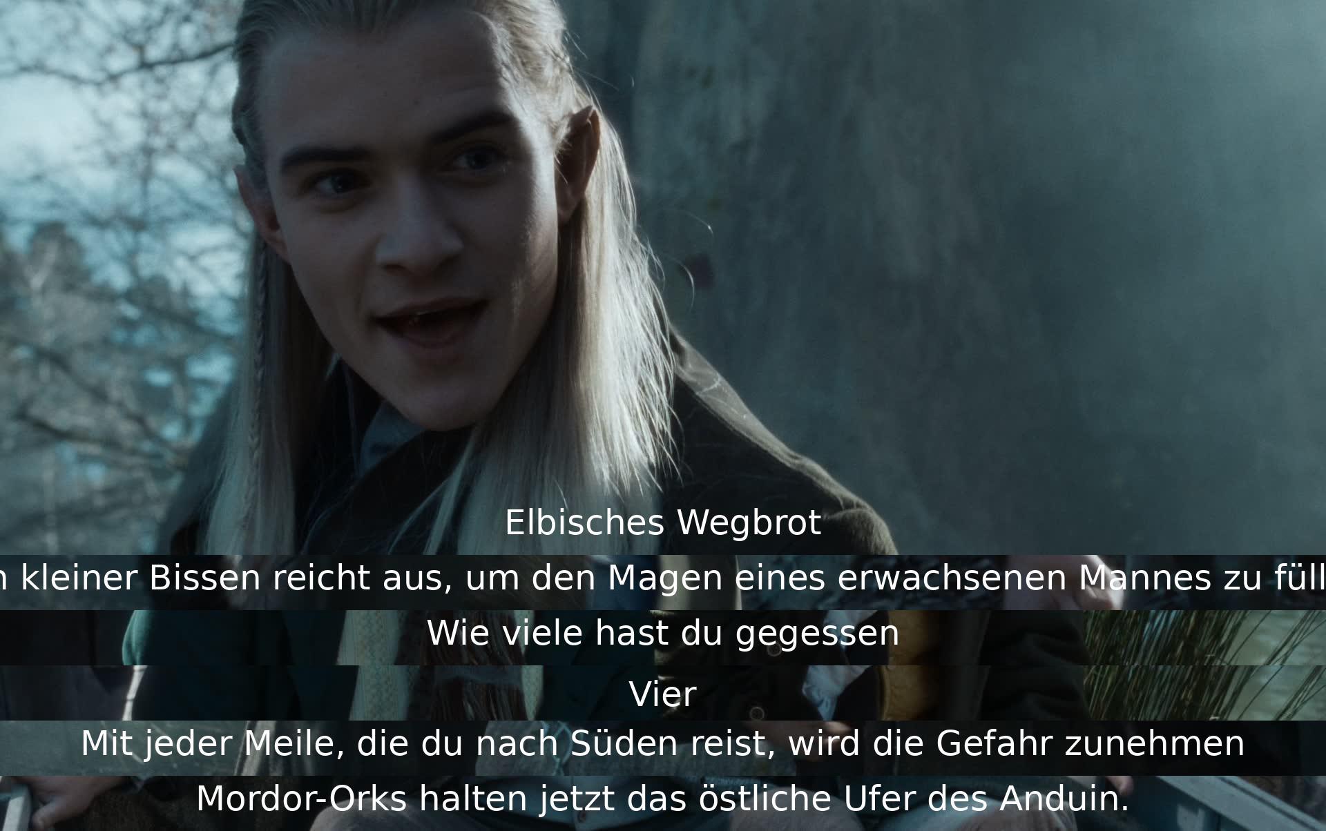 Das elbische Wegbrot ist nahrhaft. Vier Stücke sättigen einen Mann. Die Reise nach Süden wird gefährlicher, da Mordor-Orks das östliche Ufer des Anduin kontrollieren.