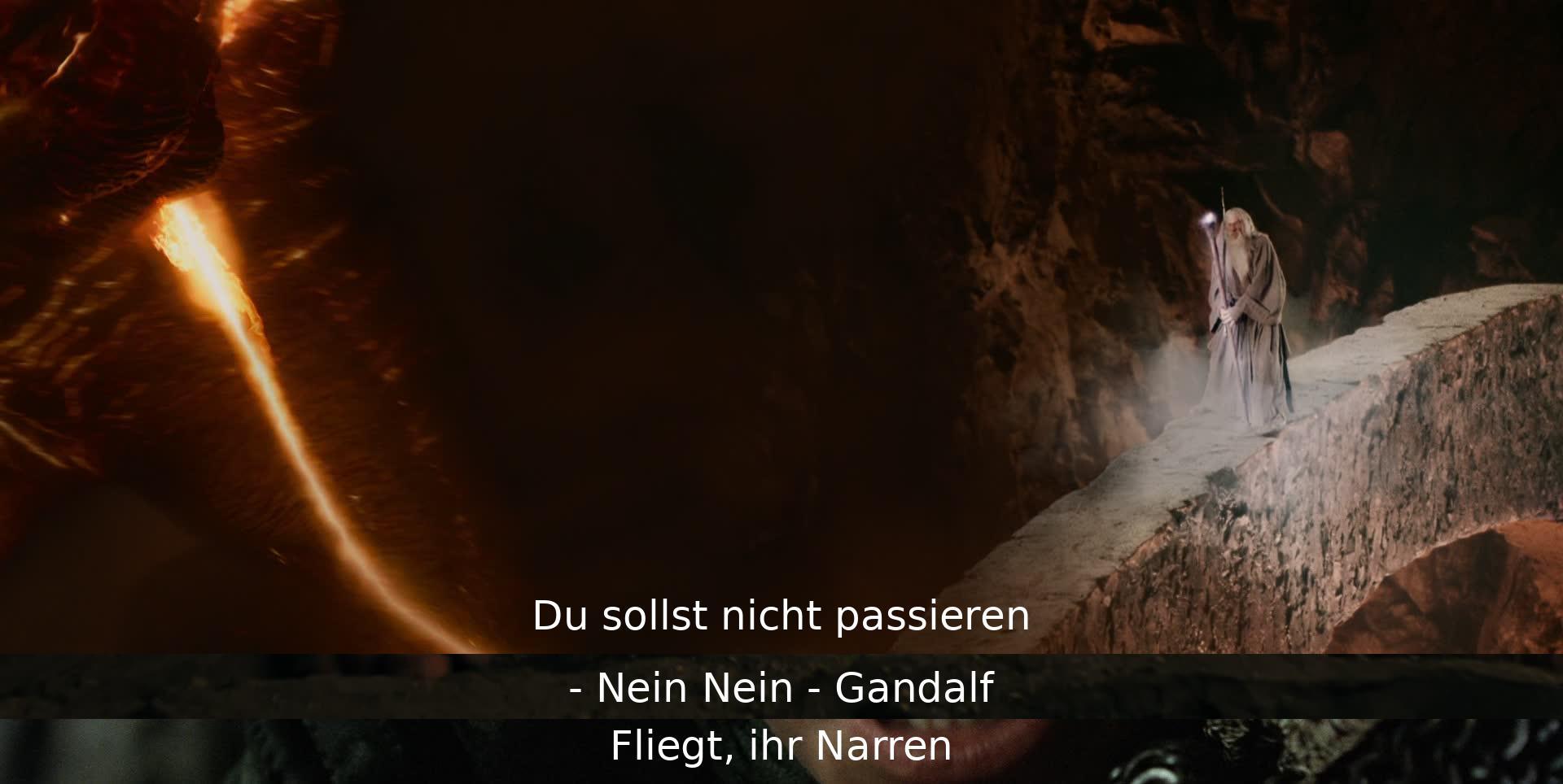 Gandalf warnt, dass sie nicht passieren dürfen. Trotzdem fliehen sie.