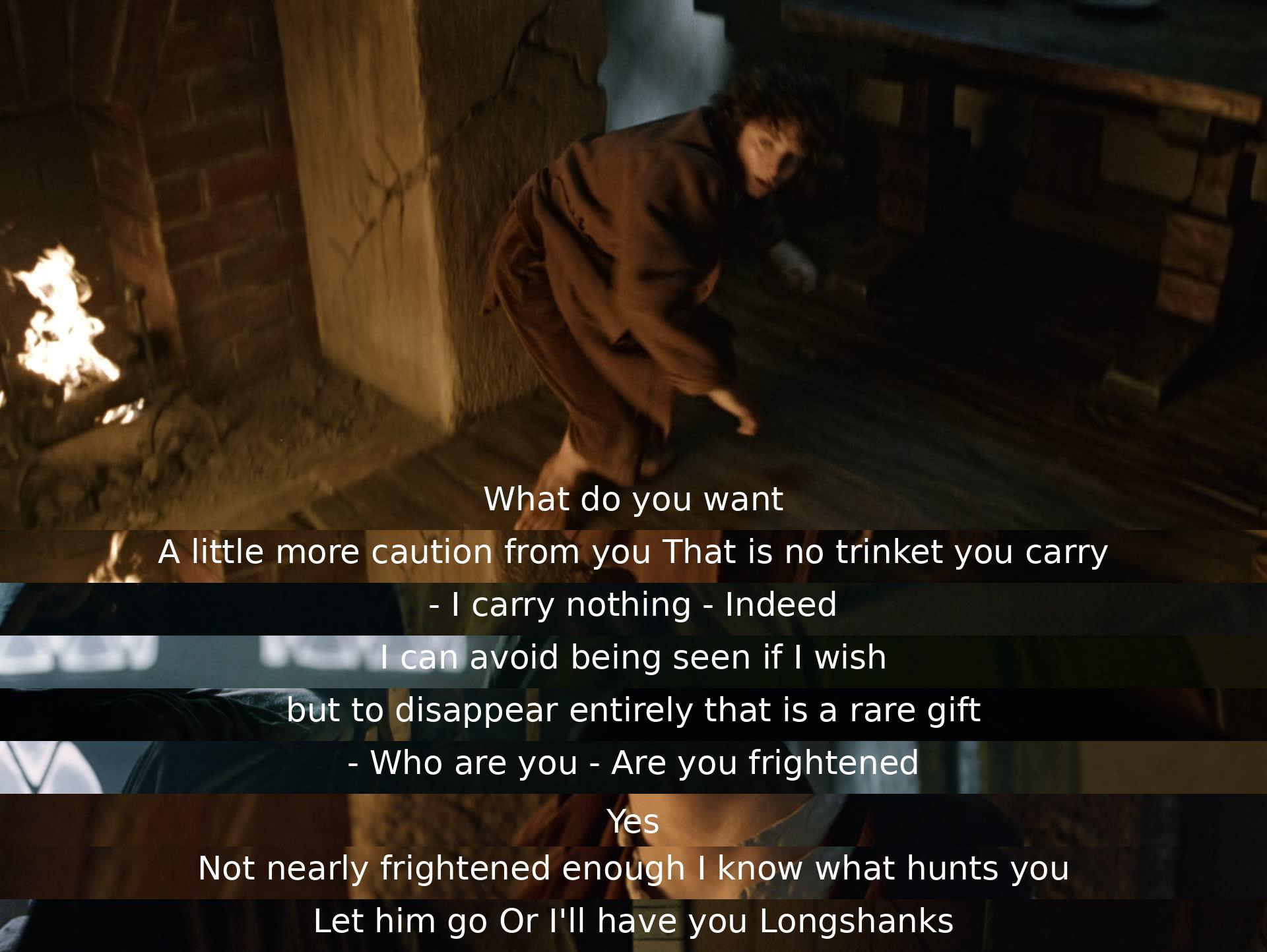 A cautionary discussion takes place as the characters engage in a tense conversation about the importance and power of the object being carried. The mysterious character underscores his ability to disappear, instilling fear in the other, who warns of impending danger if certain actions are not taken.