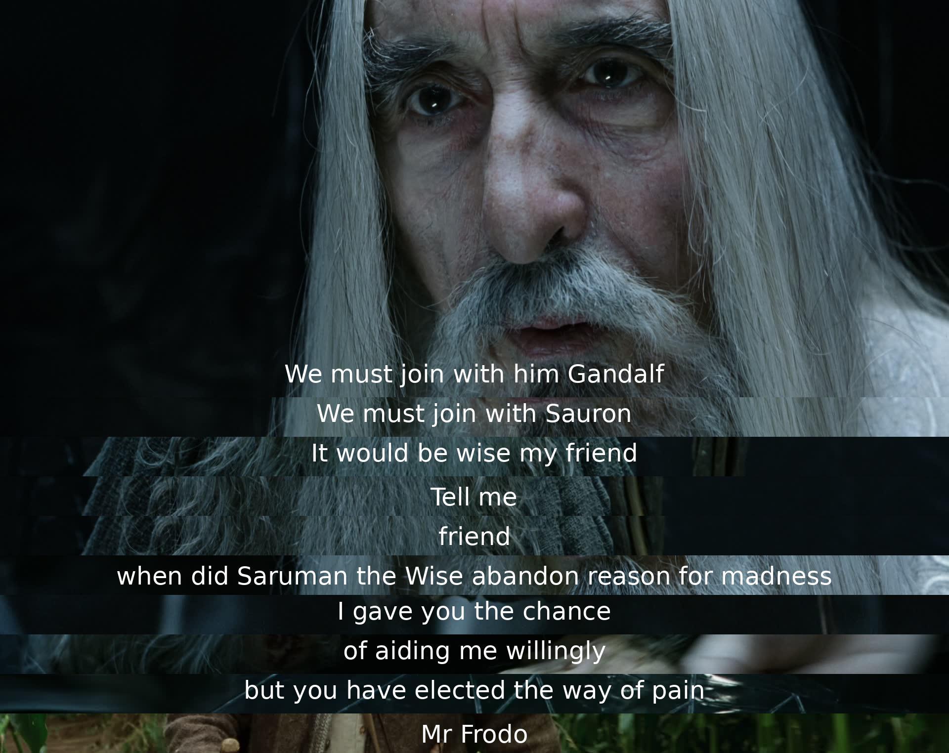 The characters are discussing whether to ally with Sauron. Gandalf questions Saruman's betrayal, offering him a chance to help willingly. Saruman chooses the path of pain. Frodo is mentioned at the end.