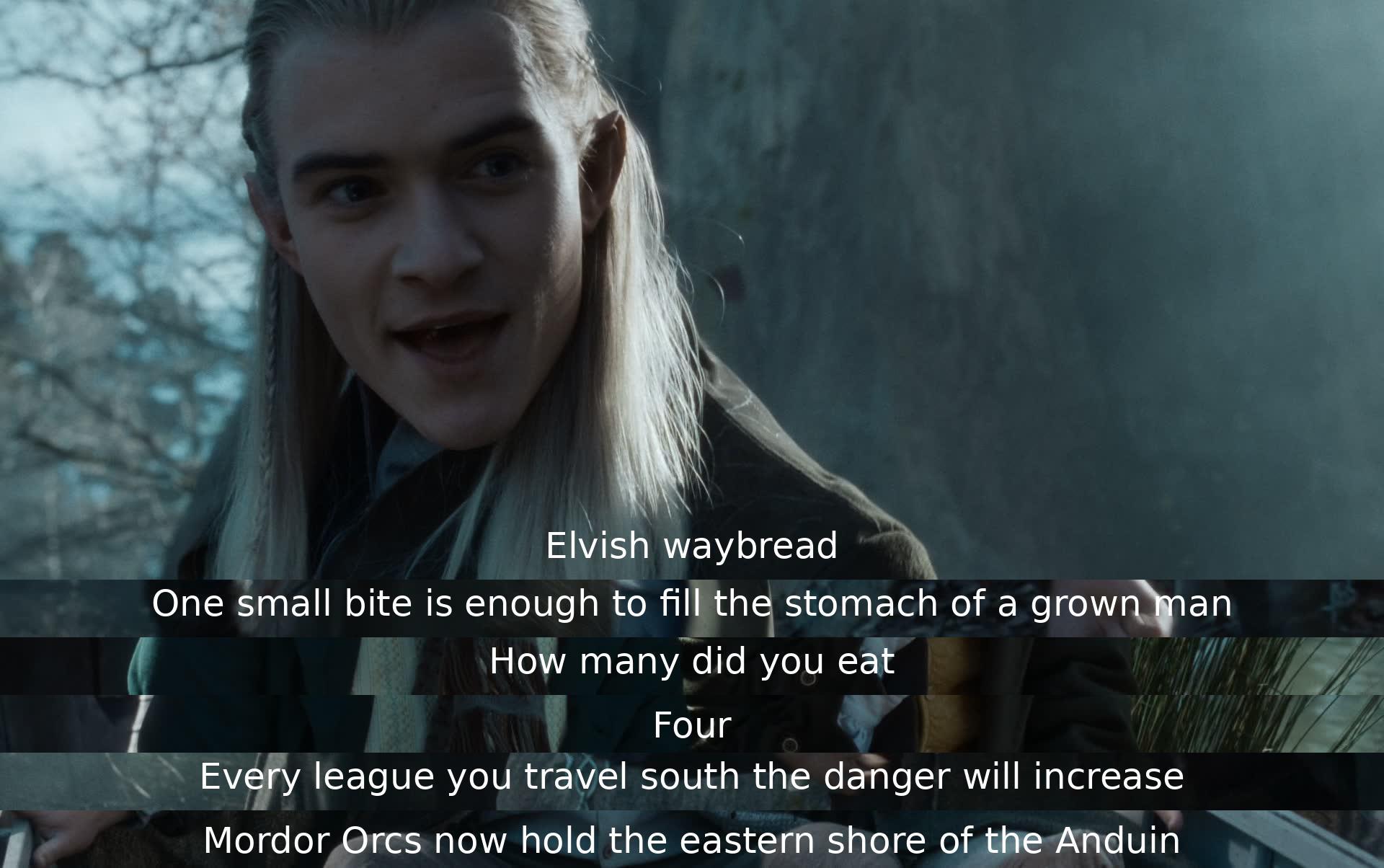 A character offers Elvish waybread that can fill a grown man's stomach with just one bite. Despite eating four, they discuss the increasing danger on their journey south, with Mordor Orcs now occupying the eastern shore of the Anduin River.
