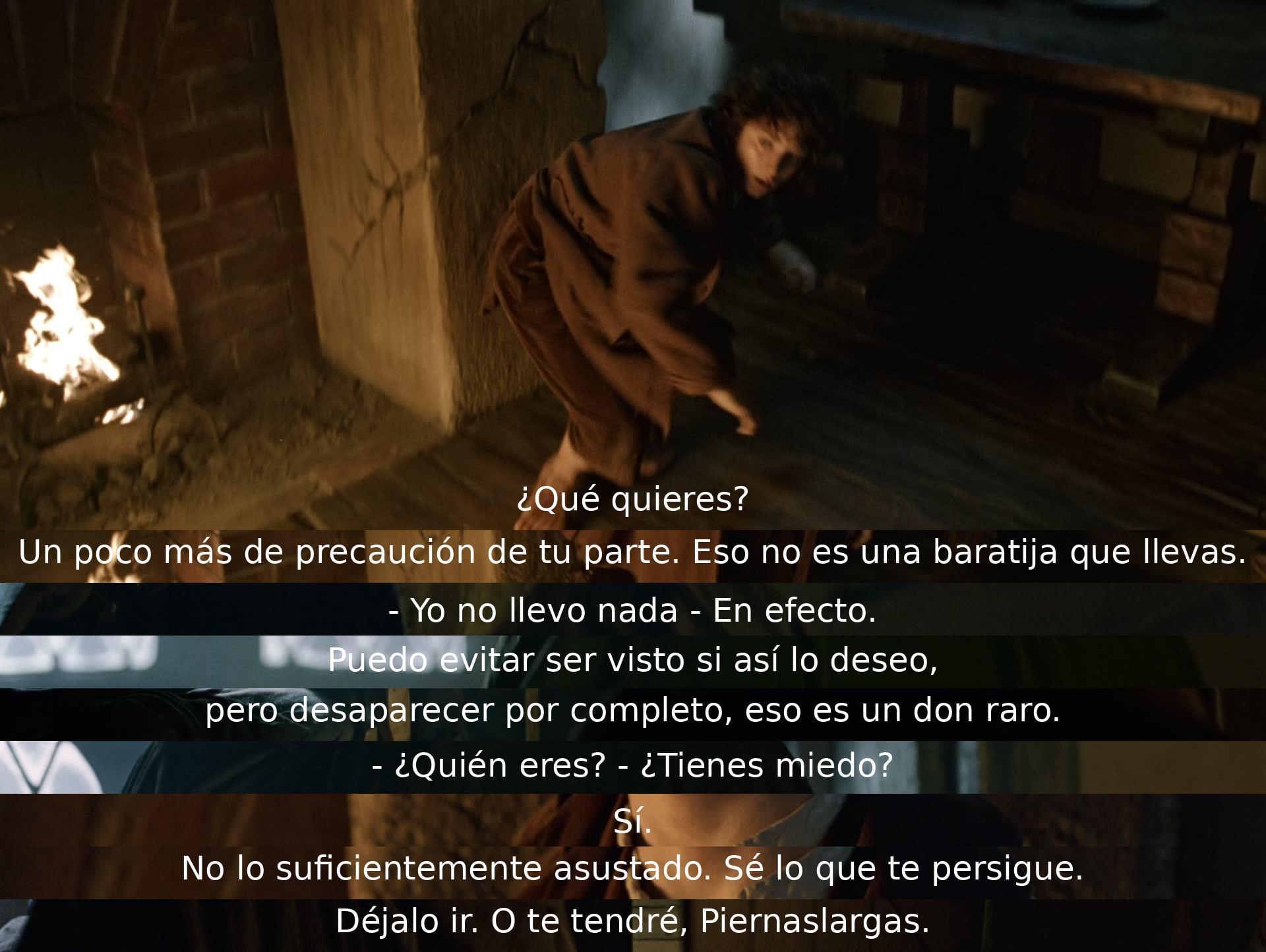 Un ser misterioso advierte al otro sobre la importancia de ser precavido con un objeto valioso que lleva. El personaje invisible revela su habilidad para desaparecer y enfatiza que conoce lo que persigue al otro. Finalmente, le advierte que lo dejará ir si lo suelta.