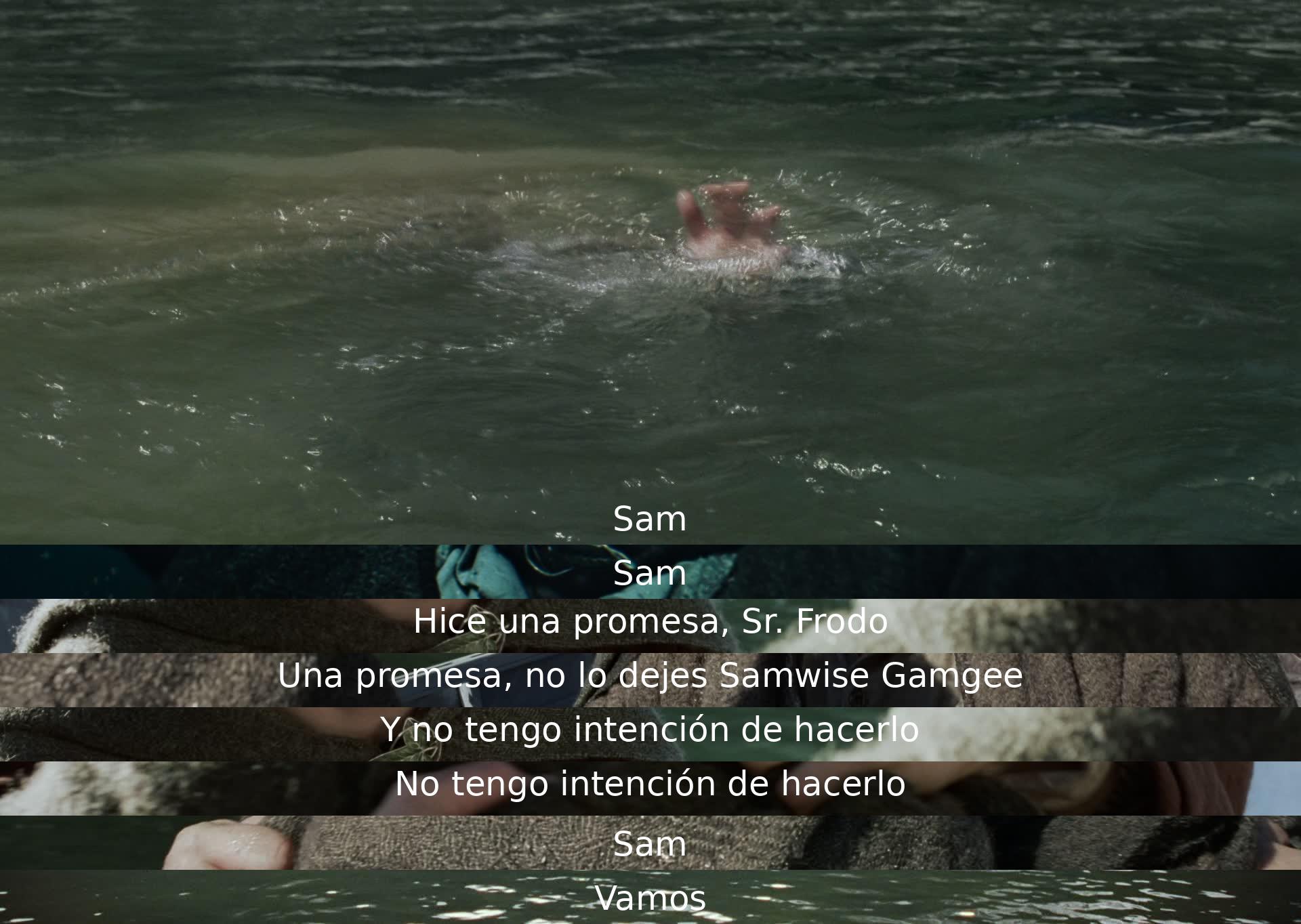 Sam está comprometido a seguir a Frodo en su peligroso viaje, mostrando lealtad y determinación. Frodo le recuerda a Sam su promesa, y juntos deciden continuar juntos. Ambos están decididos a seguir adelante a pesar de los desafíos.