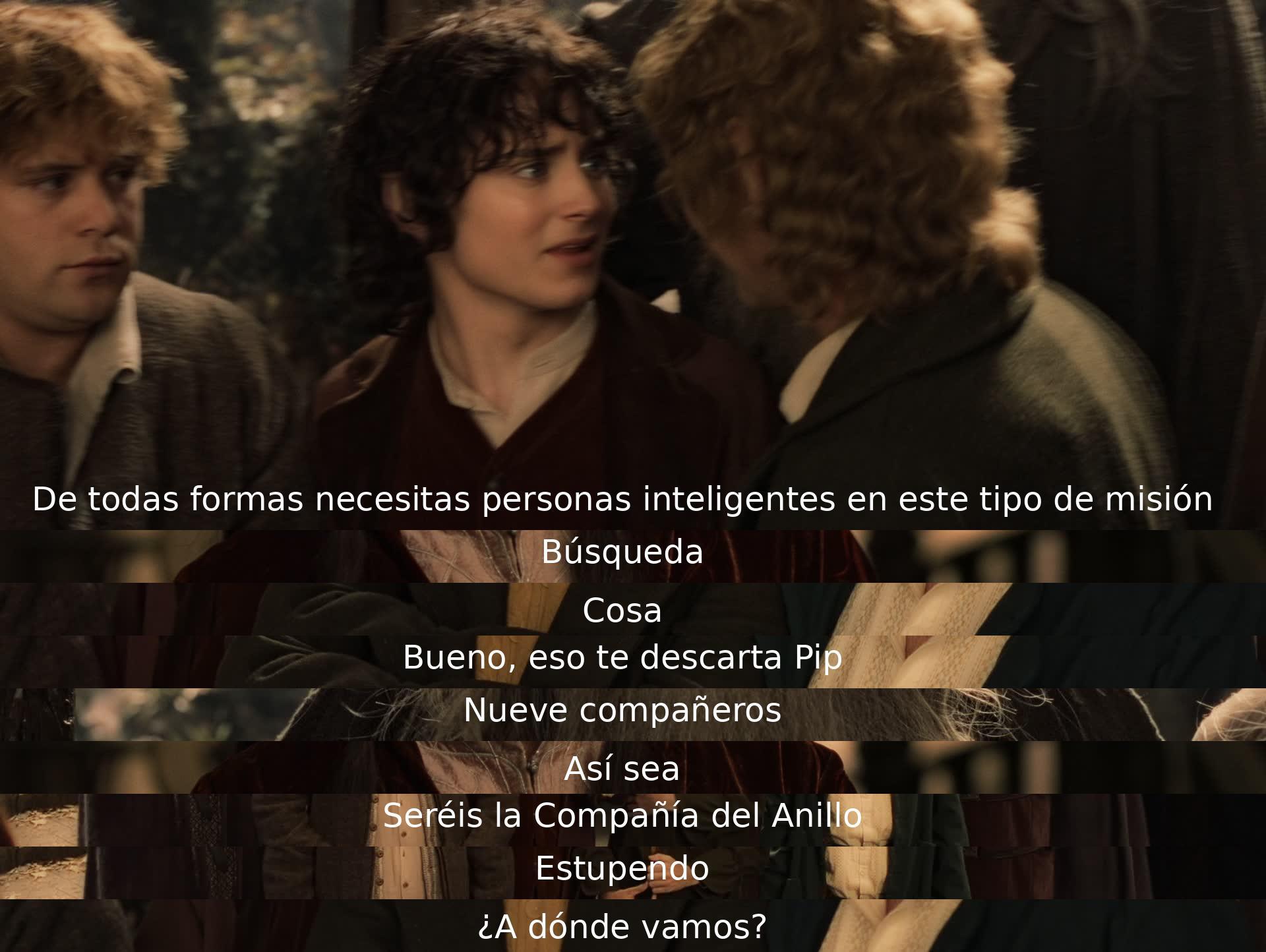 Un grupo se forma para una misión importante: la Compañía del Anillo. Se eligen nueve compañeros, excluyendo a Pip, y se embarcan en una búsqueda desconocida. A pesar de la incertidumbre, están listos para iniciar el viaje juntos.