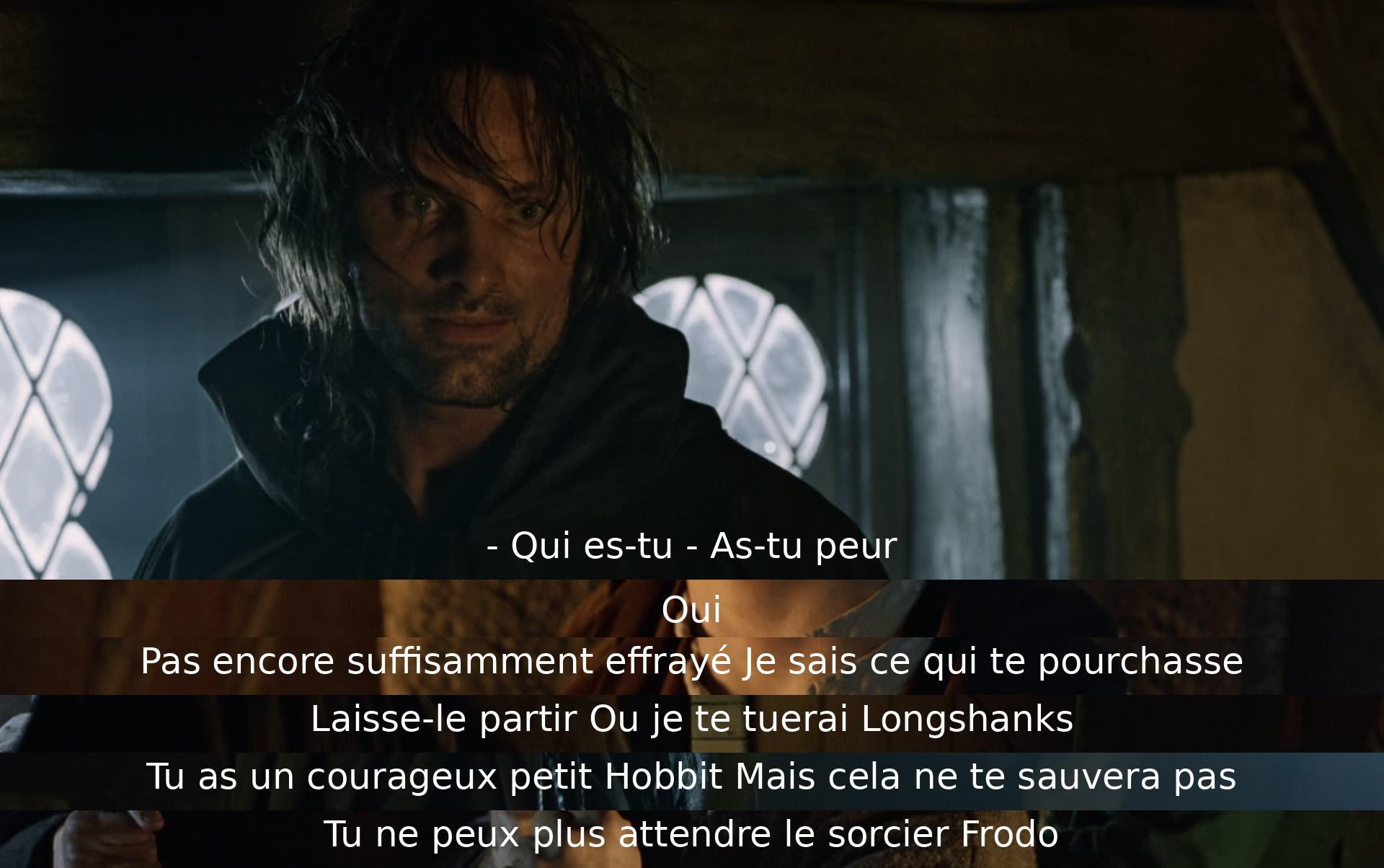 Un échange de paroles tendu se déroule entre deux personnages. L'un a peur de l'autre qui le menace de ne pas laisser un certain Frodo s'échapper. Malgré le courage de Frodo, le sorcier ne peut plus être attendu.