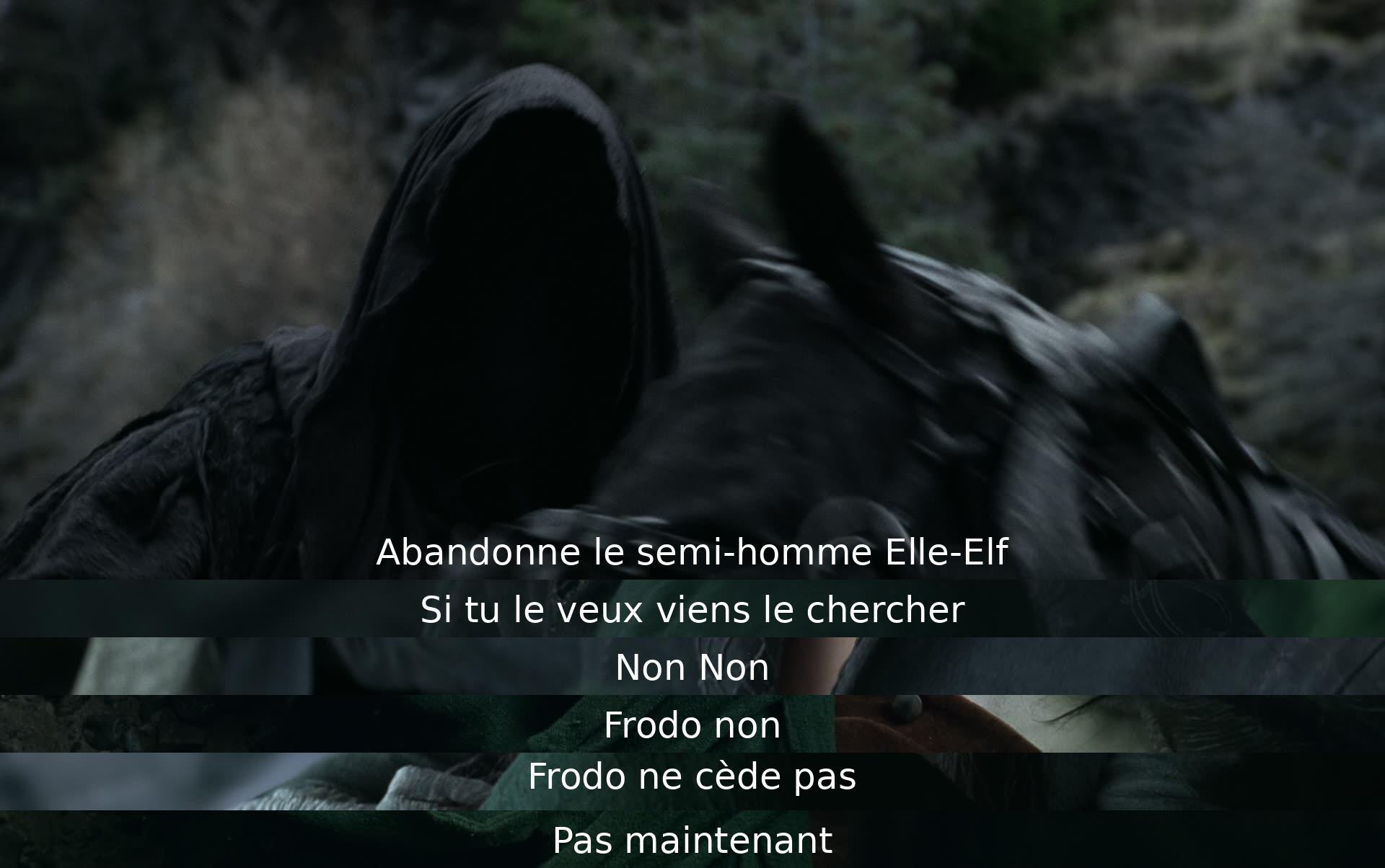 Un personnage insiste pour que Frodo soit abandonné, mais Frodo ne cède pas et refuse de partir.