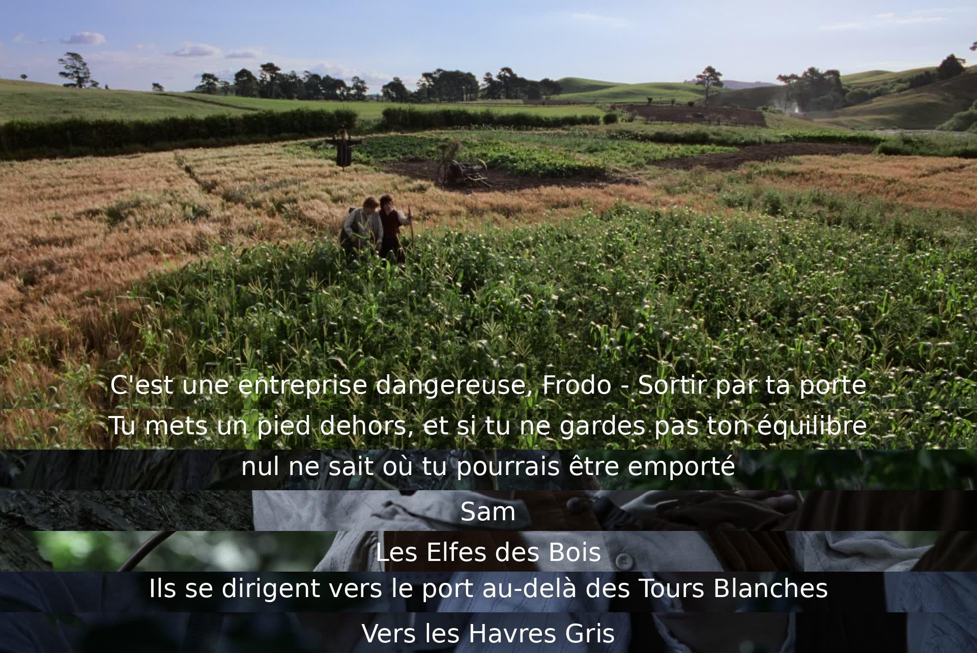 Frodo est averti du danger de quitter sa porte car il pourrait être emporté loin. Sam mentionne que les Elfes des Bois se dirigent vers le port au-delà des Tours Blanches, en direction des Havres Gris.