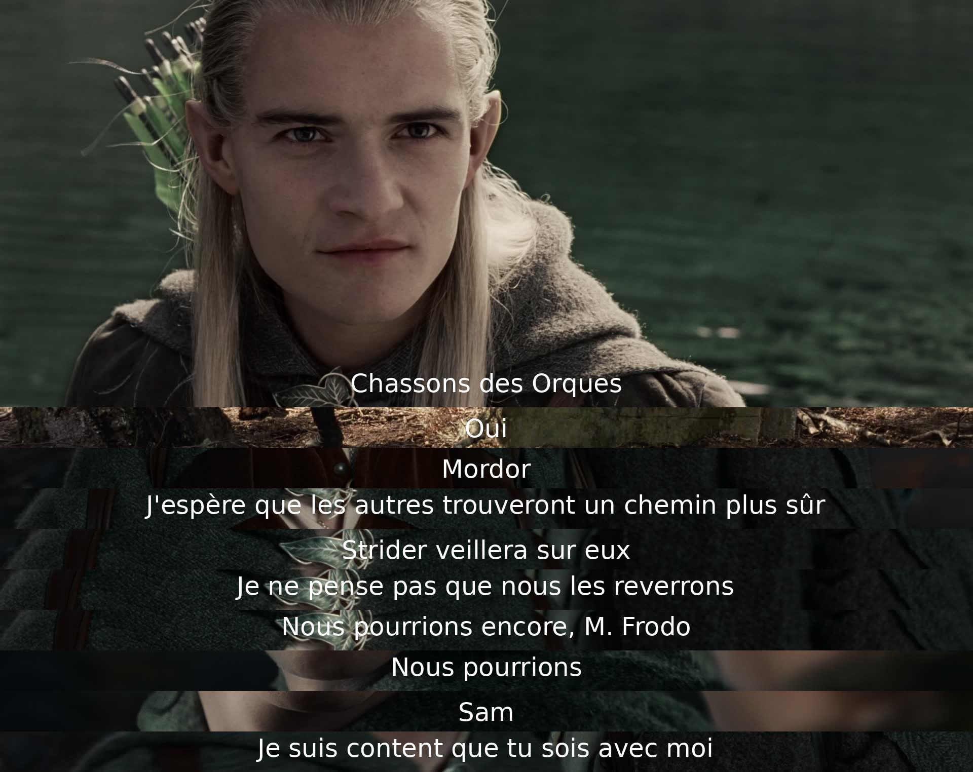 Des personnages discutent du départ pour Mordor. Certains sont inquiets, mais Sam assure Frodon de son soutien. Malgré les doutes, l'espoir demeure.