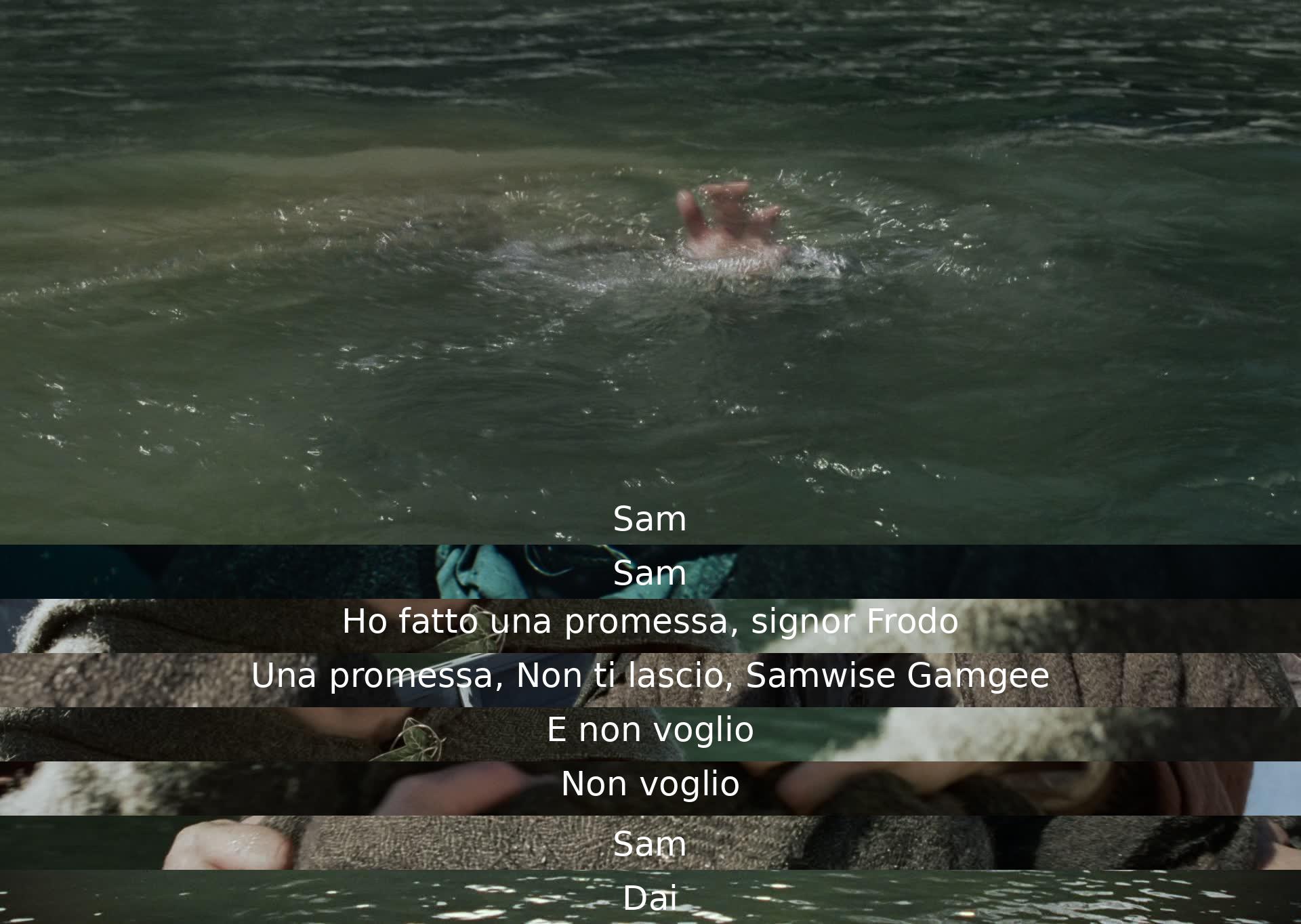 Sam promette di non lasciare Frodo, ribadendo il suo impegno come Samwise Gamgee. Frodo accetta il sostegno, e Sam chiede di continuare insieme con determinazione.