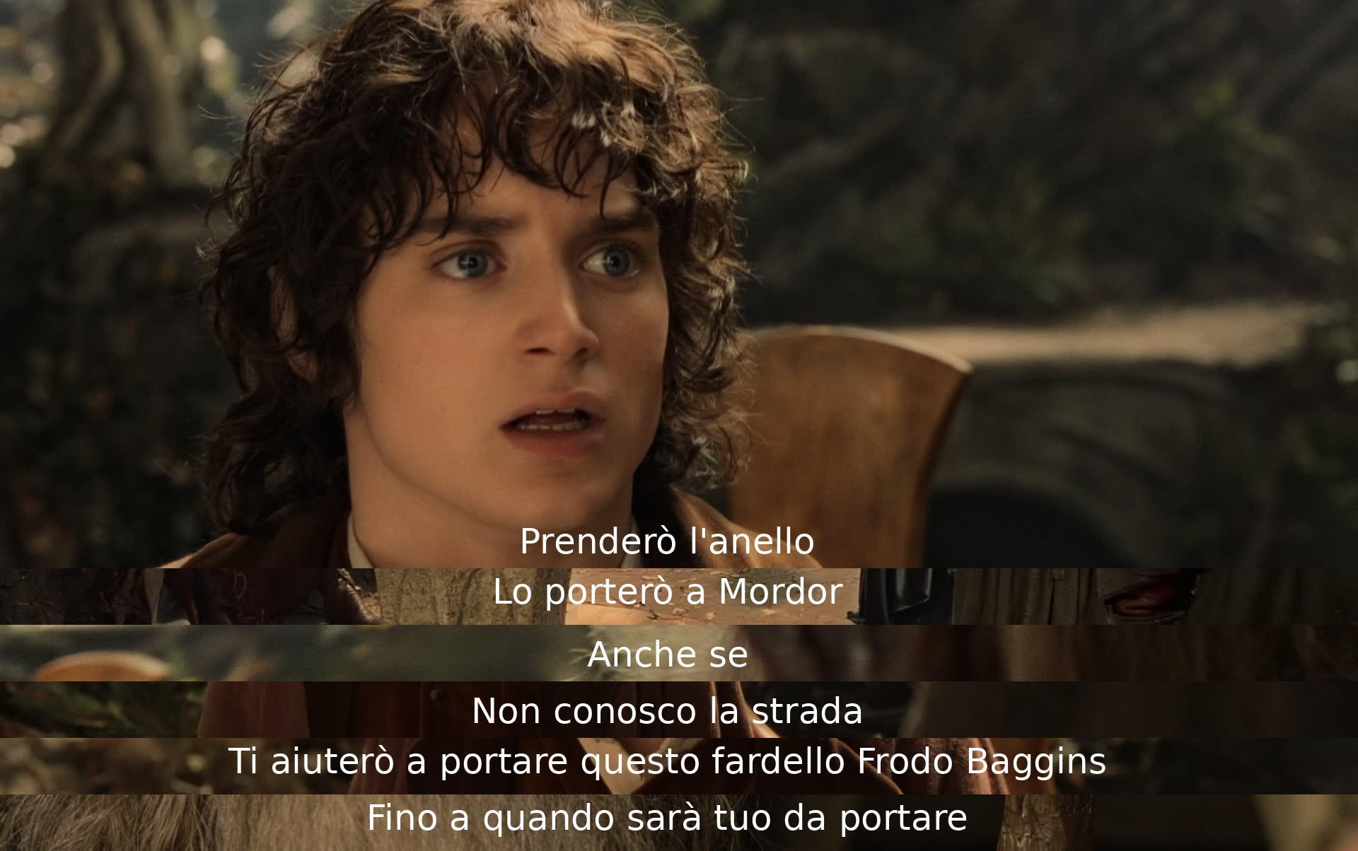 Ti darò una mano a portare l'anello a Mordor, anche se non so come arrivarci. Sarò al tuo fianco, Frodo Baggins, finché l'anello sarà tuo da trasportare.