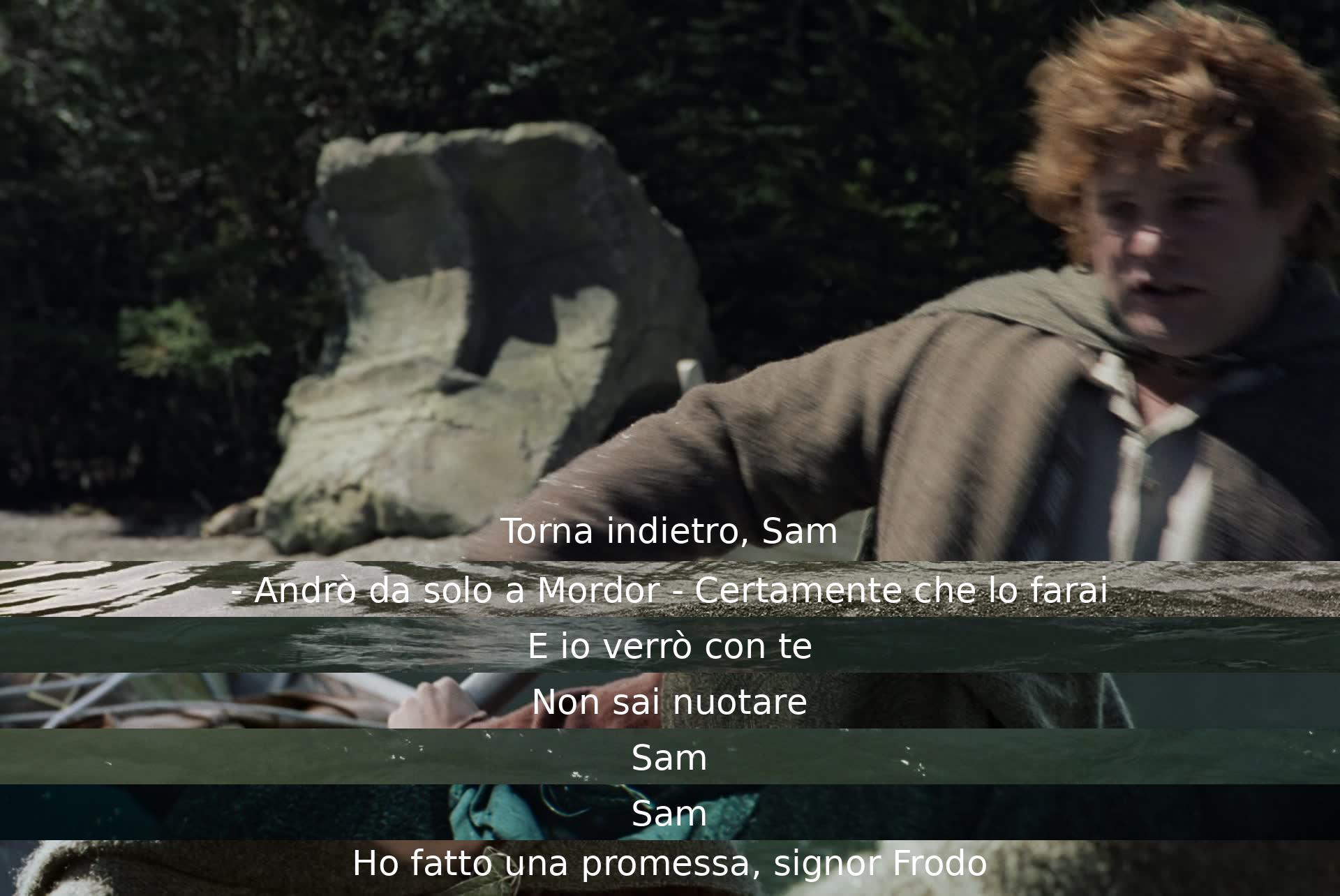 Sam viene esortato a tornare indietro da Frodo, ma si rifiuta, dicendo di volerlo accompagnare a Mordor nonostante non sappia nuotare. Frodo gli ricorda una promessa fatta in precedenza.