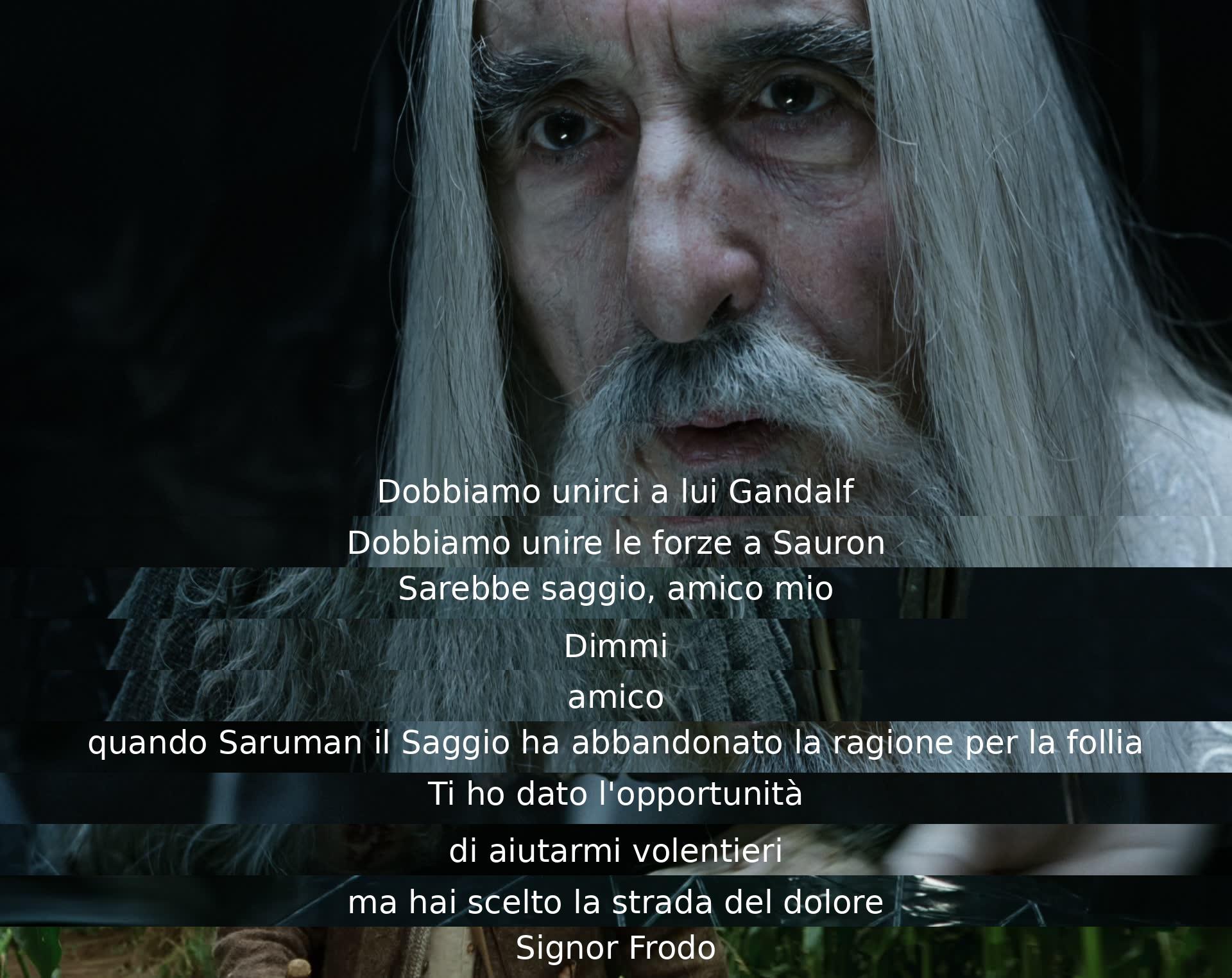 Dobbiamo unirci a lui, è saggio. Saruman ha scelto la follia. Ti ho dato l'opportunità di aiutarmi, ma hai scelto il dolore.