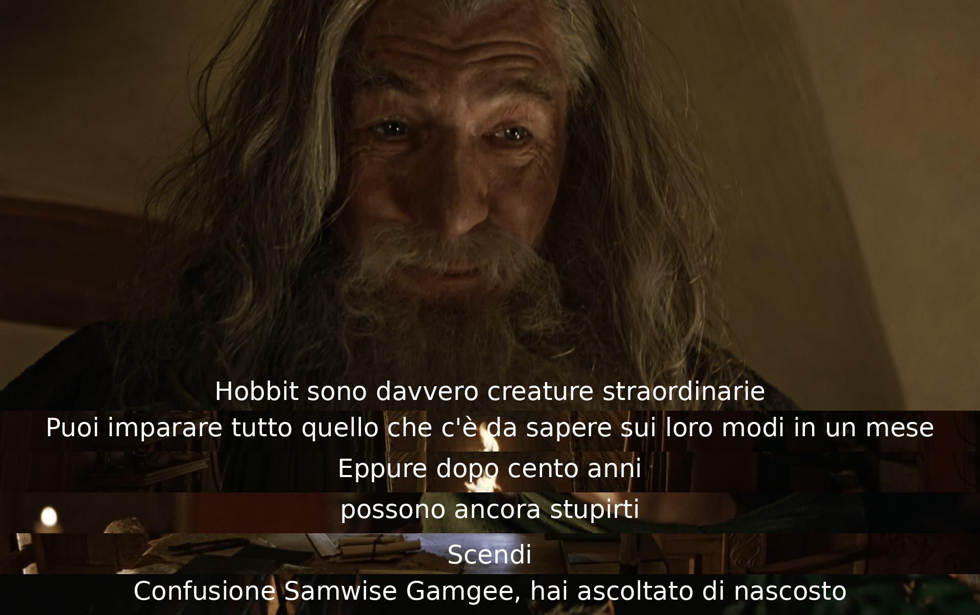 Hobbit sono creature straordinarie che, nonostante si possa imparare tutto su di loro in un mese, dopo cento anni possono ancora sorprenderti. Samwise Gamgee è confuso dall'ascolto segreto.