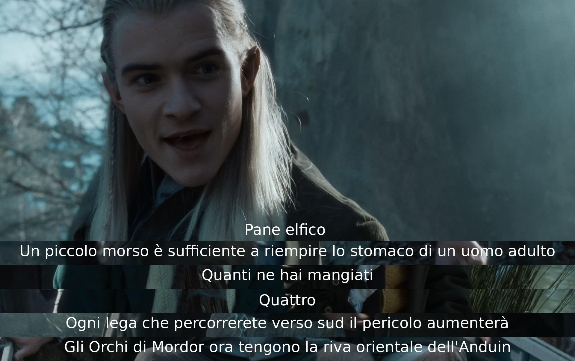 Un piccolo morso di pane elfico riempie lo stomaco di un uomo adulto. Il personaggio ha mangiato quattro. Lungo la strada verso sud, il pericolo aumenta poiché gli Orchi di Mordor tengono la riva orientale dell'Anduin.