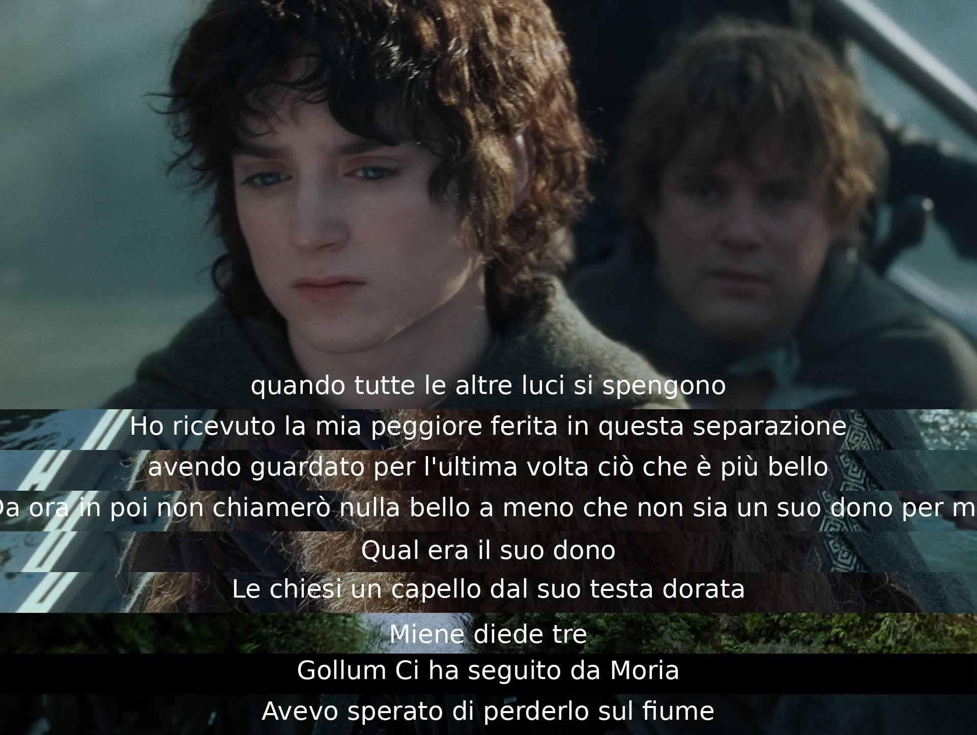 In una scena iconica, un personaggio riflette su un dono prezioso ricevuto: tre capelli d'oro. Tuttavia, il turbolento Gollum segue il gruppo, causando preoccupazione. La conversazione suggerisce sentimenti di speranza e tradimento durante il viaggio epico dei personaggi.