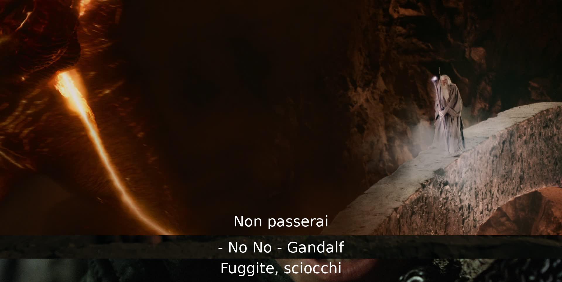 Gandalf dice "Non passerai", ma poi fugge con gli altri mentre avverte di fuggire.