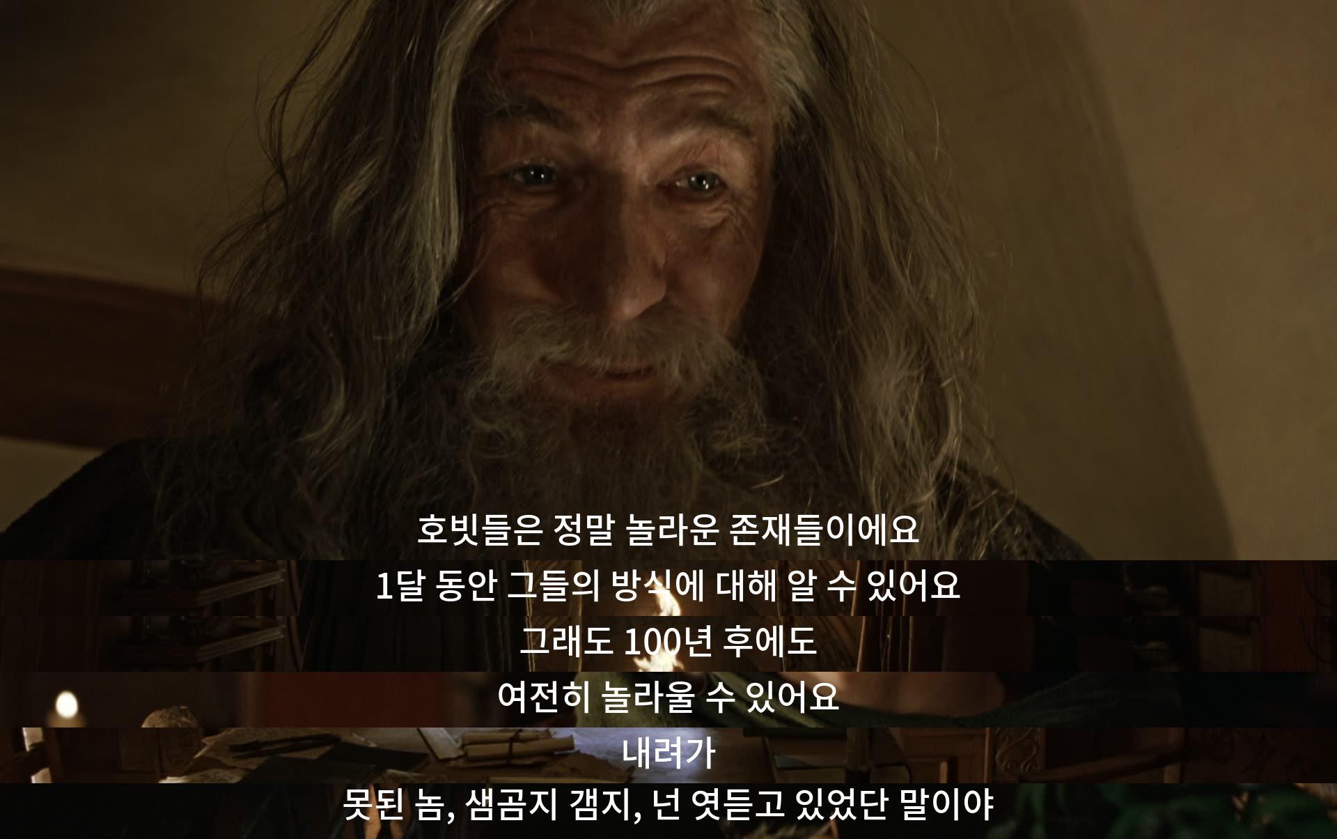 호빗들은 놀라운 생명체이며, 그들을 알게 되면 1달이면 충분하지만, 100년이 지나도 여전히 놀라울 정도로 특별하다고 합니다. 하지만 샘곰지는 엿듣는 놈으로 꾸짖습니다.