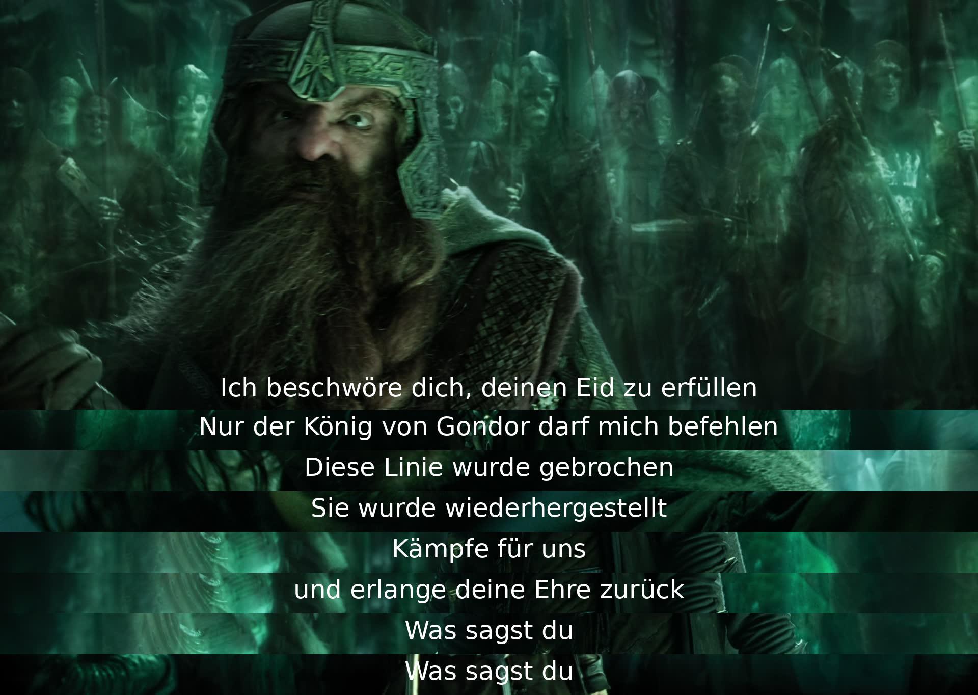 Ein Mann bittet um Treueeid, ein anderer verweist auf die Königsherrschaft. Die gebrochene Linie soll wiederhergestellt werden. Ein Appell, für die Seite zu kämpfen und Ehre zurückzugewinnen. Die Frage nach Zustimmung.