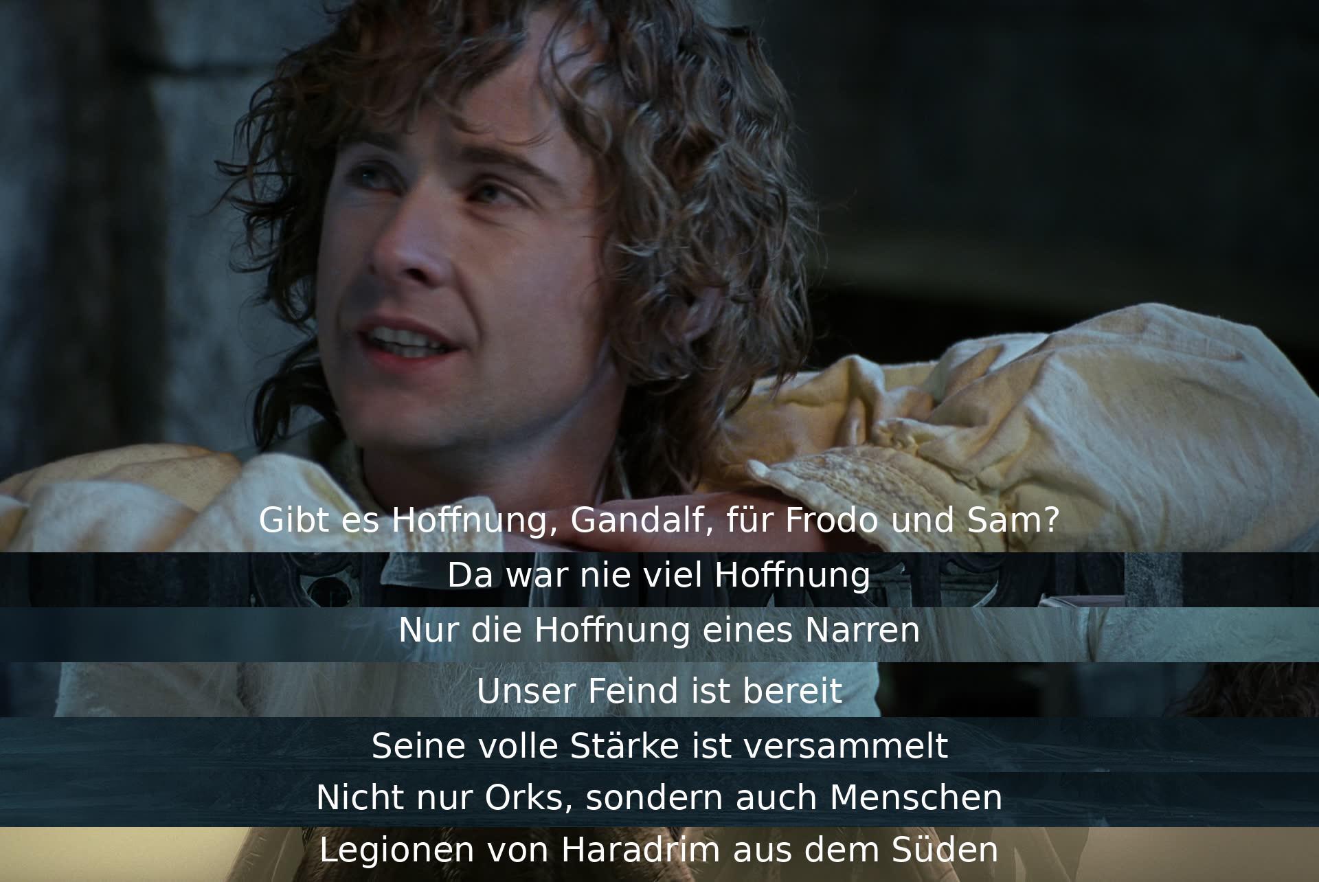 Es wird nach Hoffnung für Frodo und Sam gefragt. Gandalf sagt, dass es nie viel Hoffnung gab, nur die eines Narren. Der Feind ist stark mit verschiedenen Truppen versammelt, darunter Orks, Menschen und Haradrim aus dem Süden.