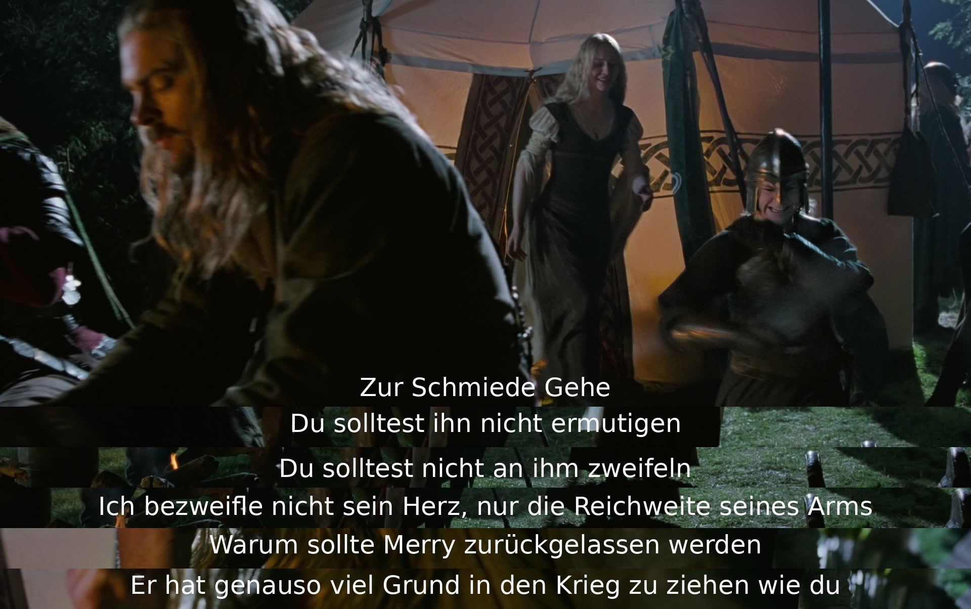 Die Charaktere besprechen, ob Merry mit in den Krieg ziehen sollte. Einige empfehlen, ihn nicht zu ermutigen, während andere argumentieren, dass er genauso viel Grund hat, in den Krieg zu ziehen. Es wird auch über die Fähigkeiten jedes Einzelnen diskutiert.