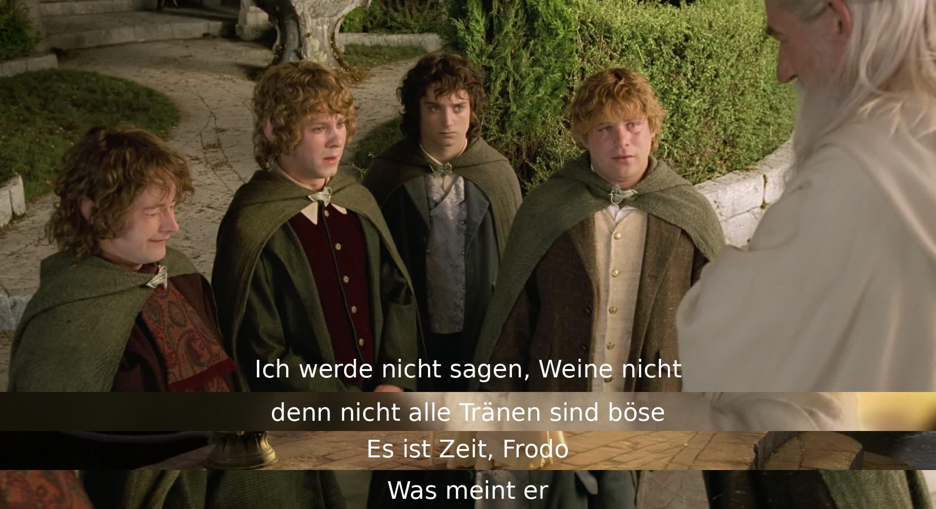 Er ermutigt Frodo, nicht zu weinen, da nicht alle Tränen schlecht sind. Dann sagt er, es ist Zeit. Frodo frägt, was er damit meint.