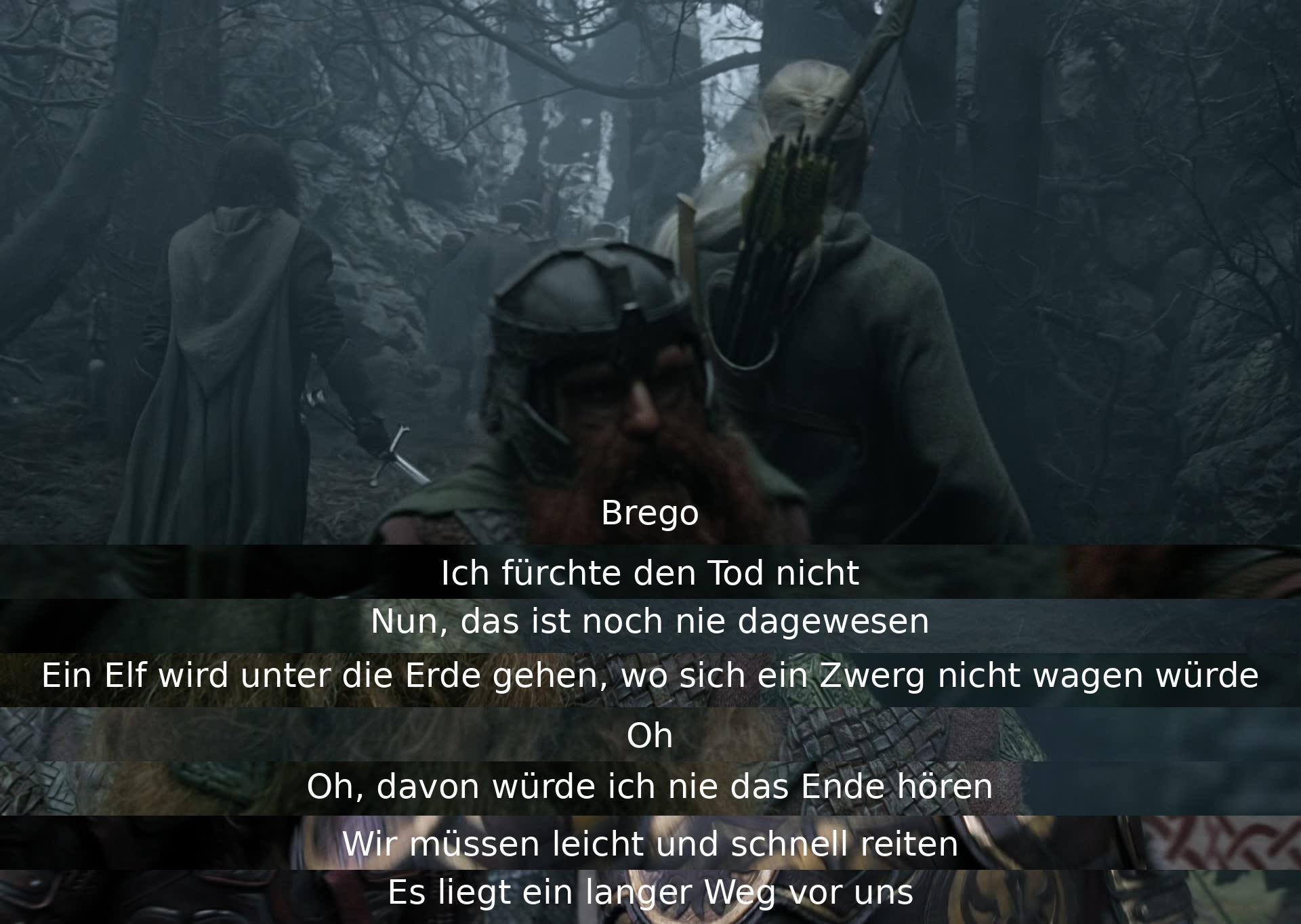 Brego und ein anderer Charakter diskutieren ihre Angst vor dem Tod. Sie erwähnen die Besonderheit eines Elfen, der in die Erde geht. Sie erkennen die Dringlichkeit, schnell zu reiten, um einen langen Weg vor sich zu haben.