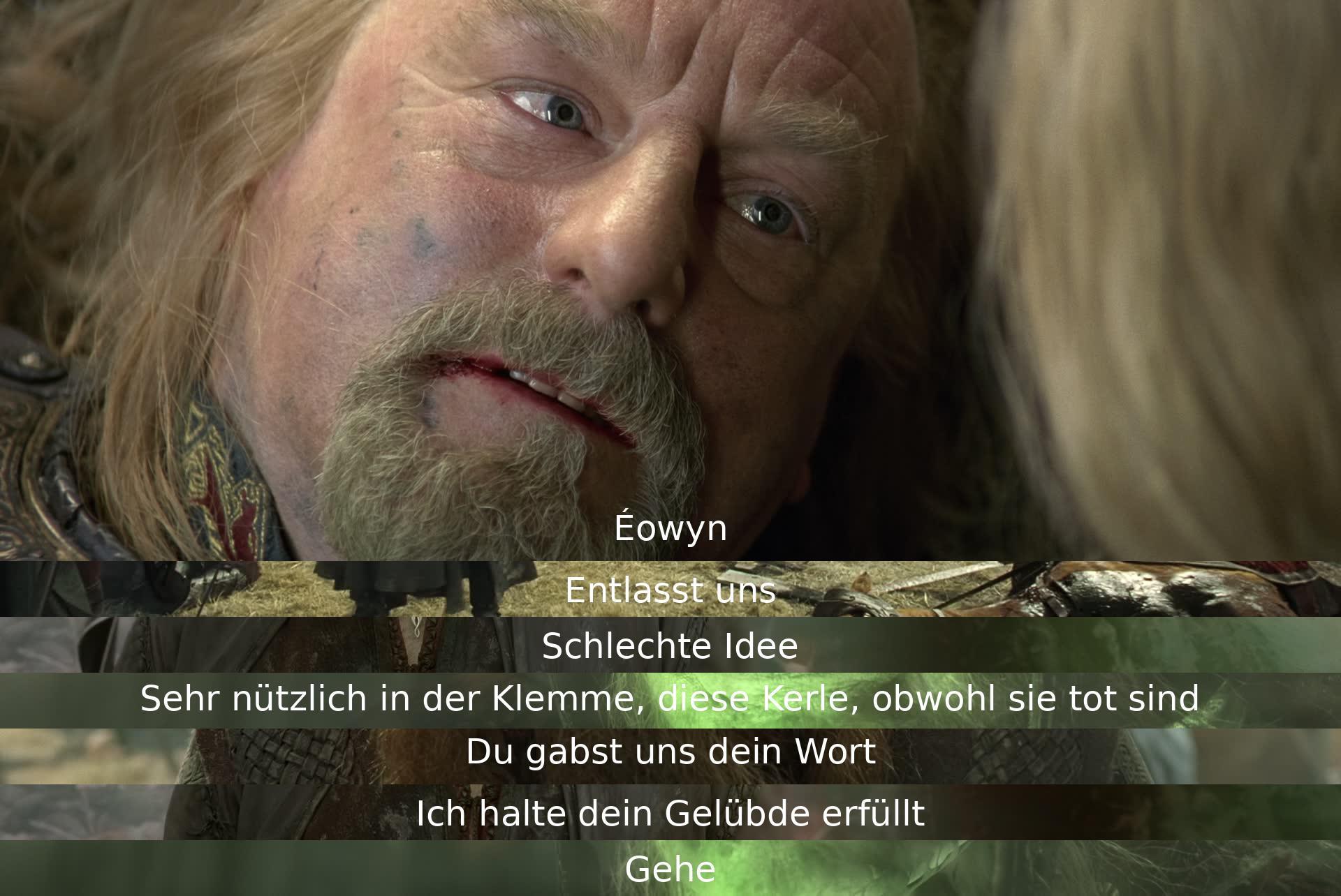 Éowyn verlangt, freigelassen zu werden, wird aber abgelehnt. Die Todgeweihten haben sich als nützlich erwiesen. Aragorn erkennt seinen Schwur an und lässt sie gehen.