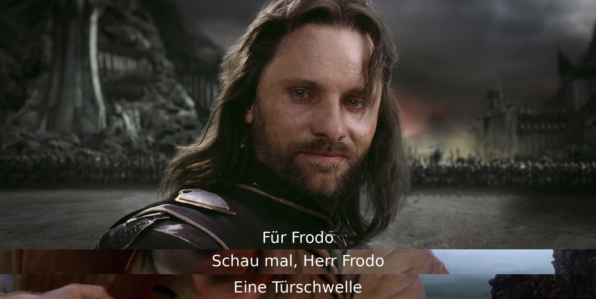 In der Szene ermuntert Sam, Frodo vor einem Schwellenmoment. Sam erinnert Frodo an die Wichtigkeit des nächsten Schrittes. Die Worte werden von Hoffnung und Loyalität geprägt, als sie gemeinsam vor einer Türschwelle stehen.