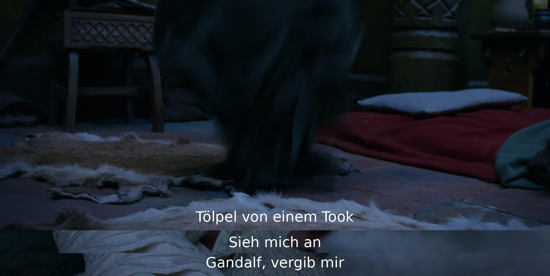 Ein Charakter nennt den anderen aus Trottel und bittet um Vergebung bei Gandalf. Der Austausch ist emotional und zeigt eine tiefe Bindung zwischen den Charakteren.