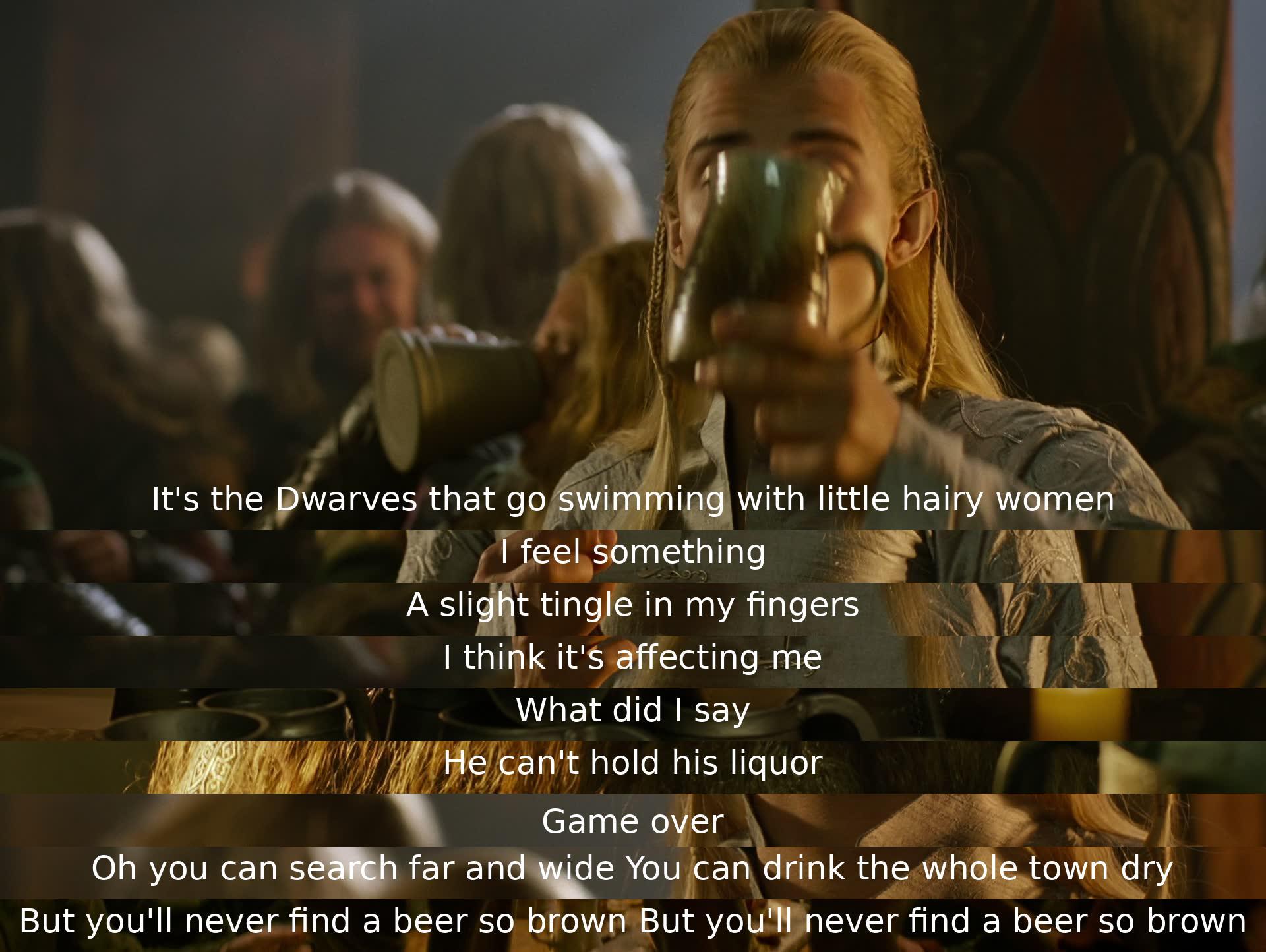 In the conversation, a character mentions Dwarves swimming with hairy women, feeling a tingling sensation in their fingers after drinking. Another character comments on someone being unable to handle alcohol. The dialogue humorously discusses the search for a specific type of beer.