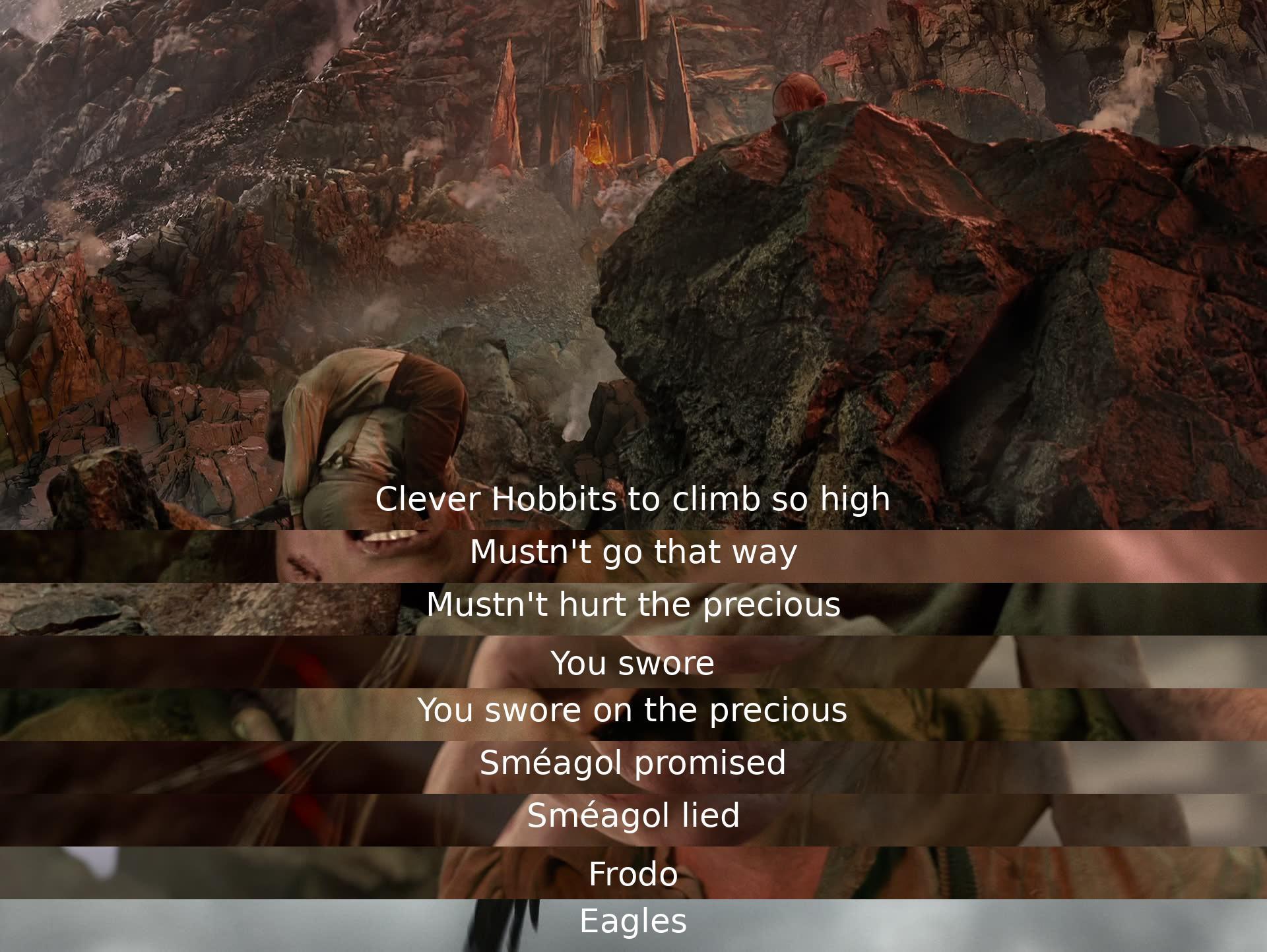 The dialogue involves a character warning against harming a precious object and confronting another for breaking a promise. The mention of climbing heights, betrayal, and the importance of a character named Frodo are key elements in the exchange.