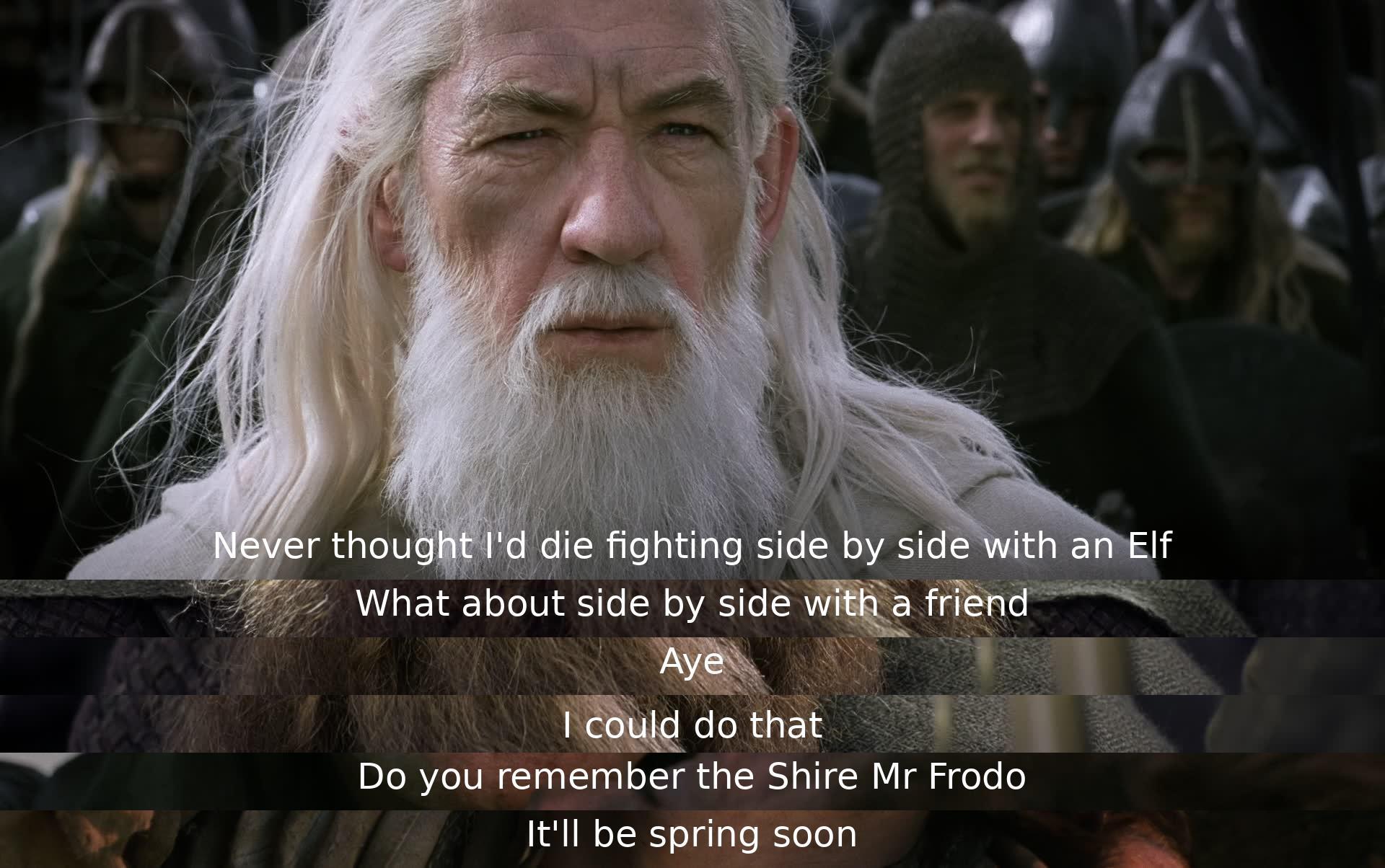 Two companions reflect on the possibility of death but find hope in the thought of standing together in battle. They share a moment of nostalgia about home and the coming spring.