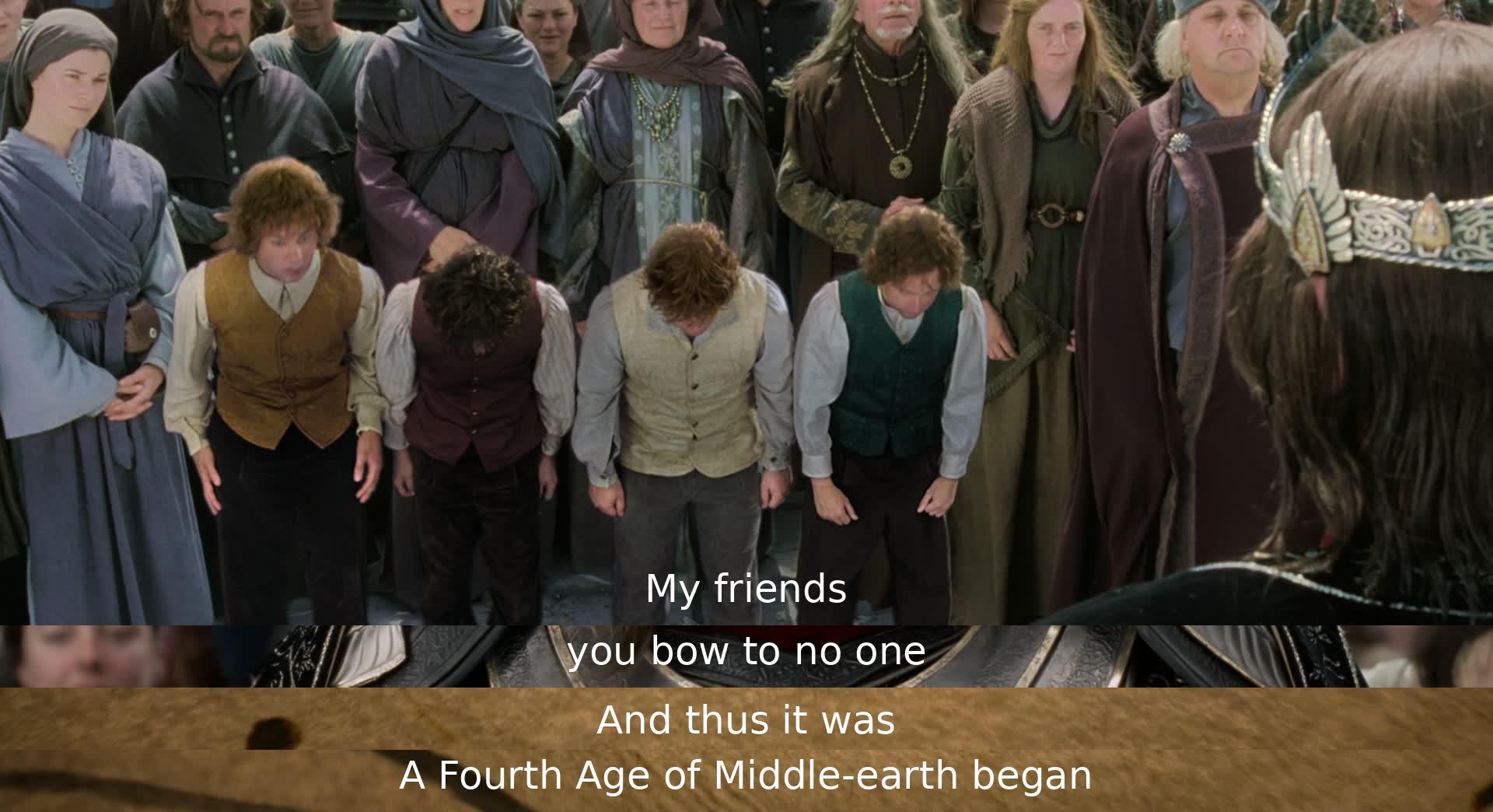 In a heartfelt moment, the characters receive recognition for their valor, starting a new era in Middle-earth as they are honored for their bravery and selflessness.