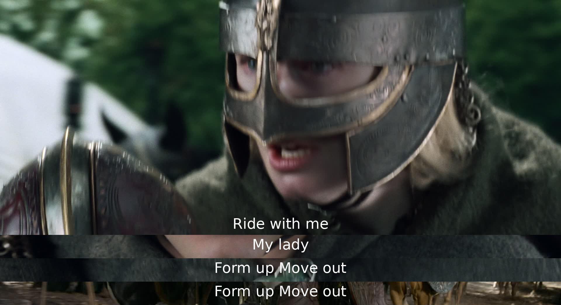 A character invites a lady to ride with them, and then commands others to form up and move out. The dialogue suggests a sense of urgency and readiness for action.