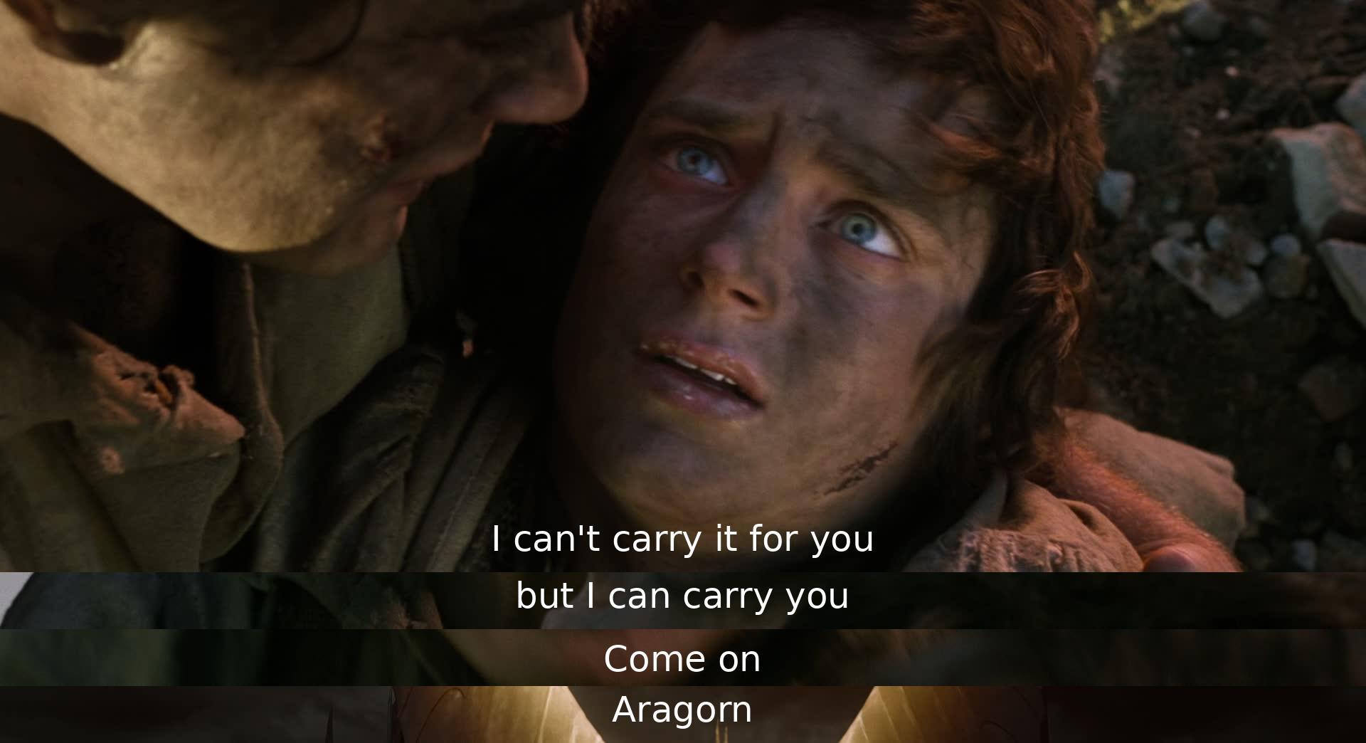 Aragorn encourages Frodo when he is struggling to carry the Ring, offering to carry Frodo instead. This powerful moment showcases the strength of their friendship and demonstrates the selflessness and support that Aragorn provides during Frodo's difficult journey.