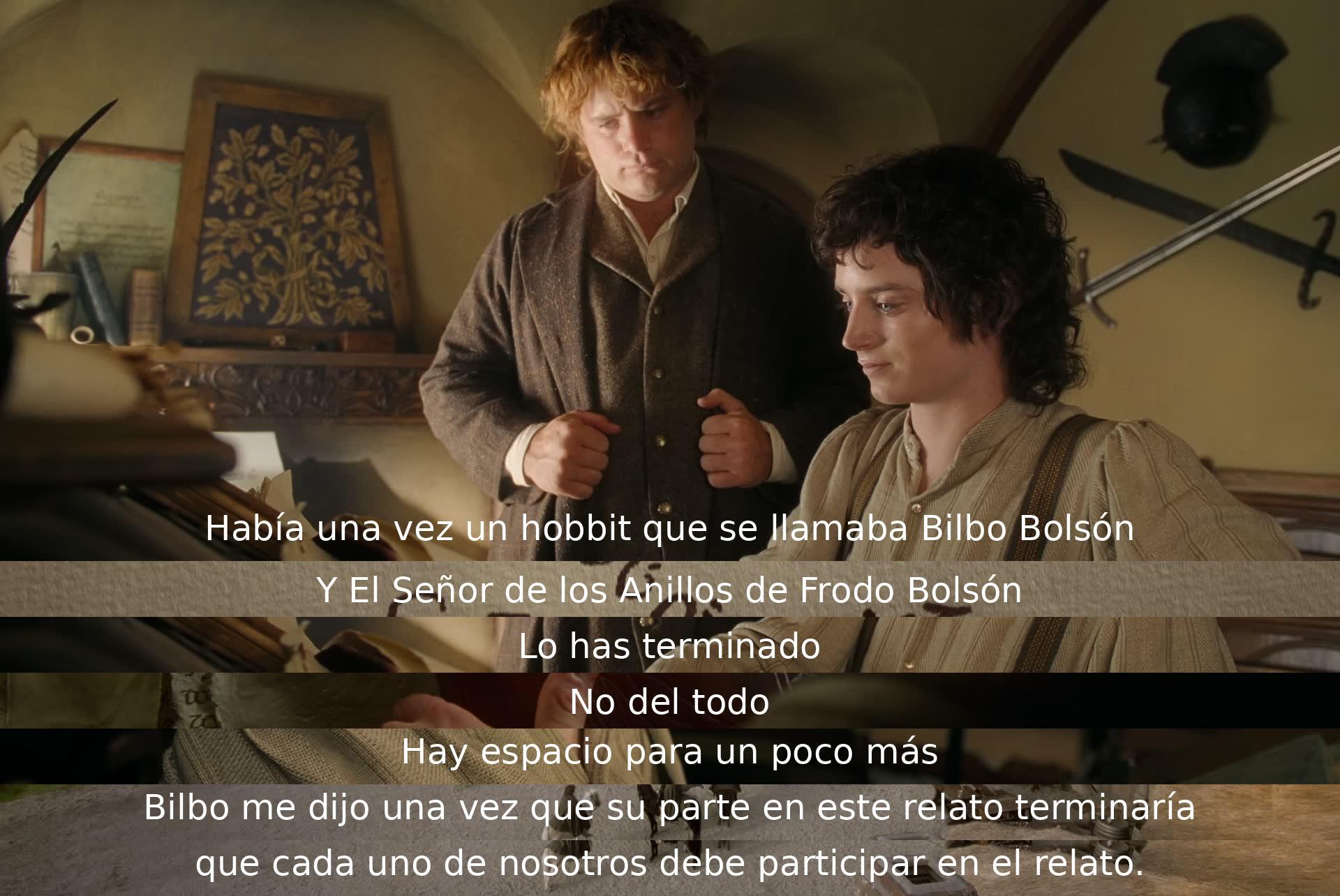 Un hobbit llamado Bilbo y Frodo Bolsón hablan sobre su papel en la historia. Bilbo revela que cada uno debe participar en el relato, sugiriendo que aún hay más por venir.