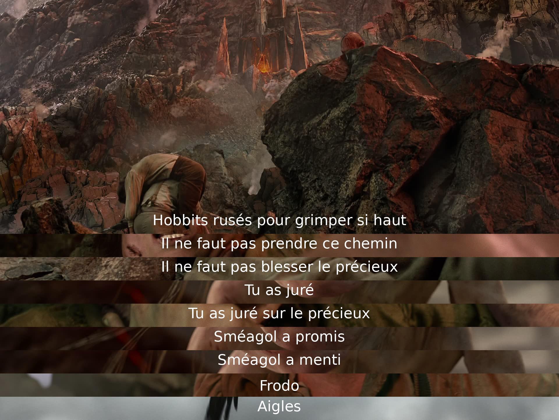 Hobbits discutent de l'emplacement néfaste, avertissement contre la trahison, Frodo partage une promesse, Gollum trahit, mention de précieux, appel à l'aide des aigles.