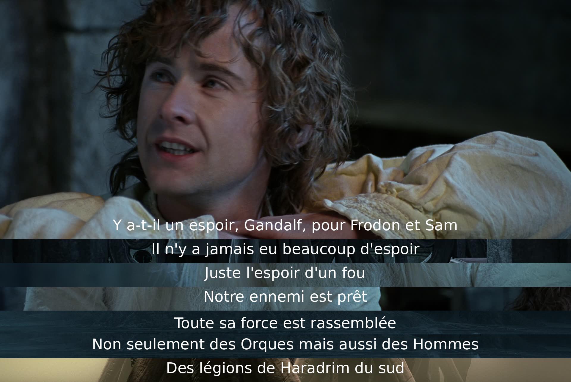 Gandalf est pessimiste quant à l'espoir de Frodon et Sam, parlant de l'ennemi rassemblant une grande force avec des Orques, des Hommes et des Haradrim du sud. La situation est grave et l'espoir semble mince.