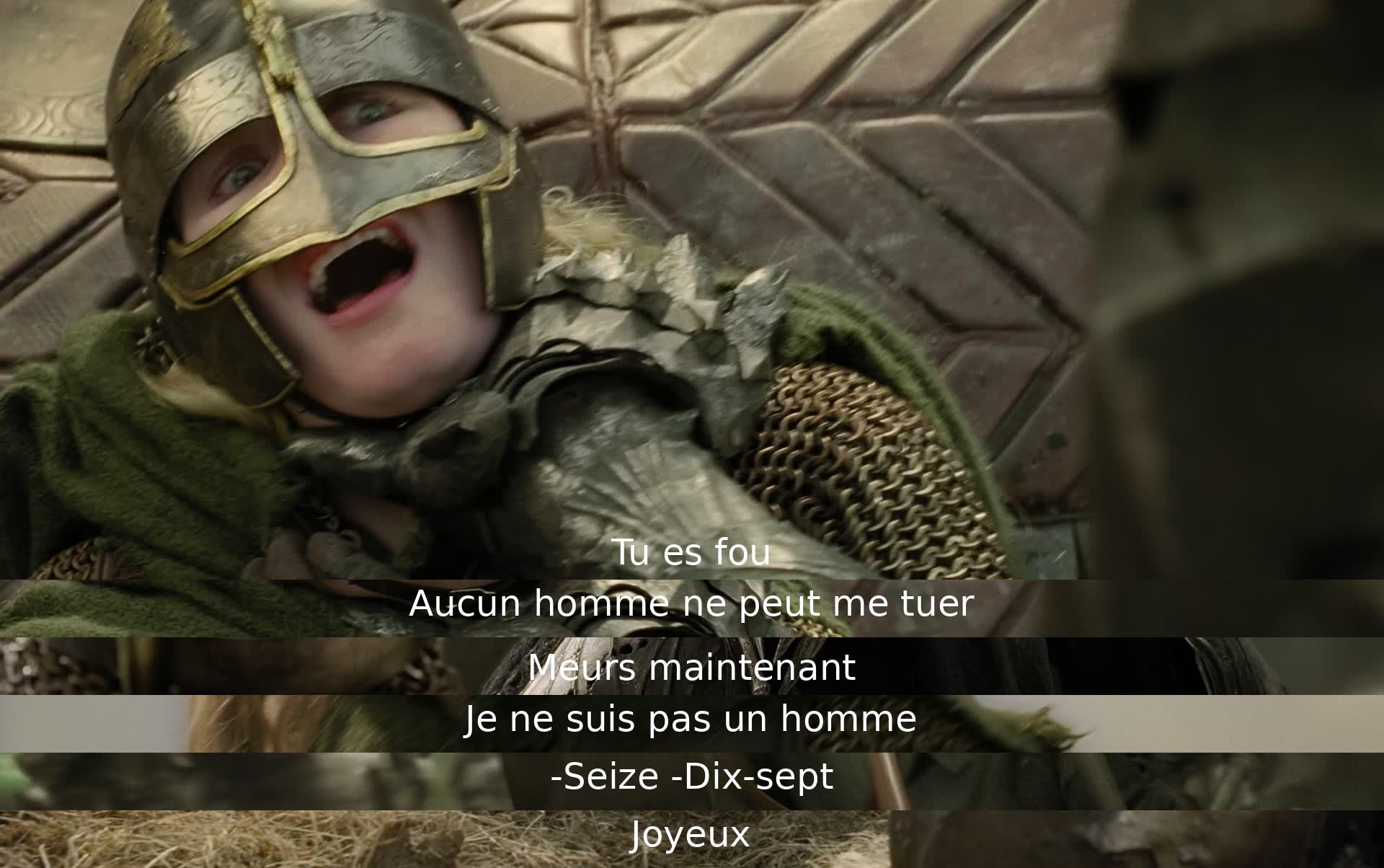 Un personnage défie un autre de le tuer, mais ce dernier révèle qu'il n'est pas un homme et termine la séquence en comptant jusqu'à dix-sept avec une pointe de joie dans sa voix.